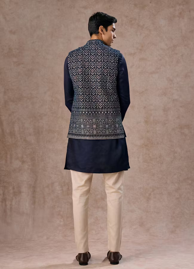 Manyavar Elegant Teal Blue Velvet Nehru Jacket | Ready To Wear