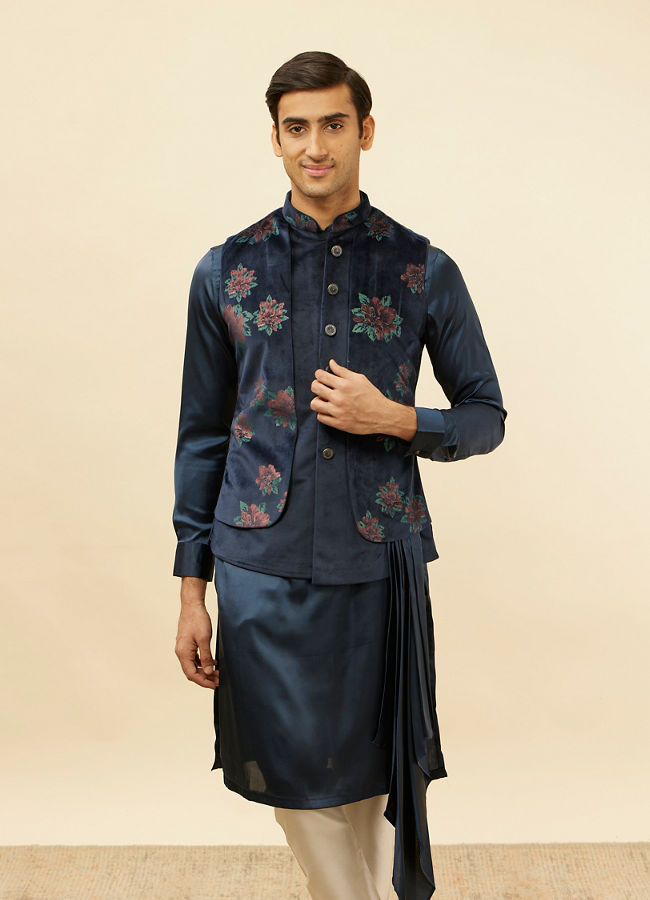 Manyawar Midnight Blue Floral Print Drape Detailed Kurta Jacket Set