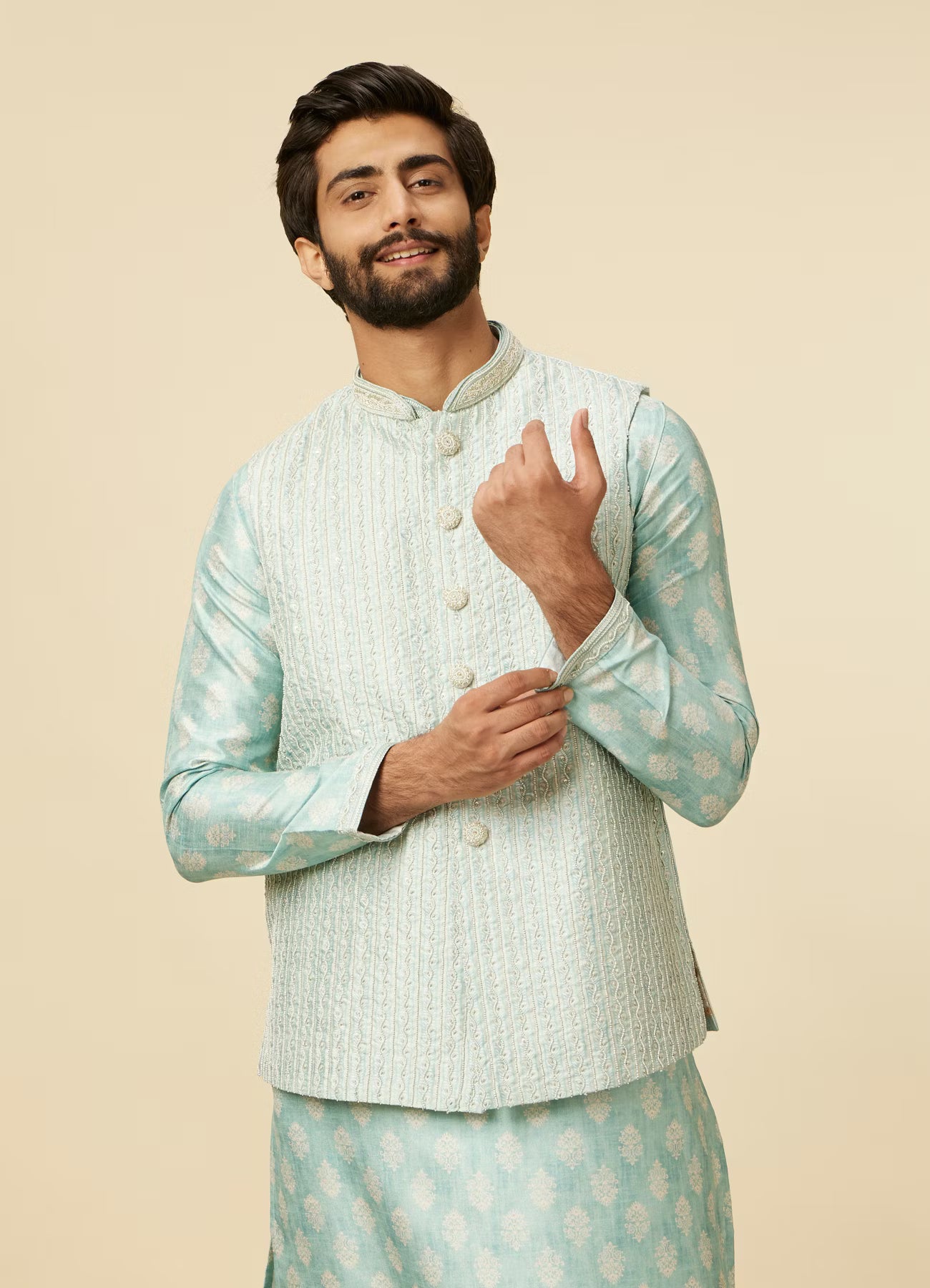 Manyavar Aqua Green Buta Patterned Jacket Set | Ready To Wear