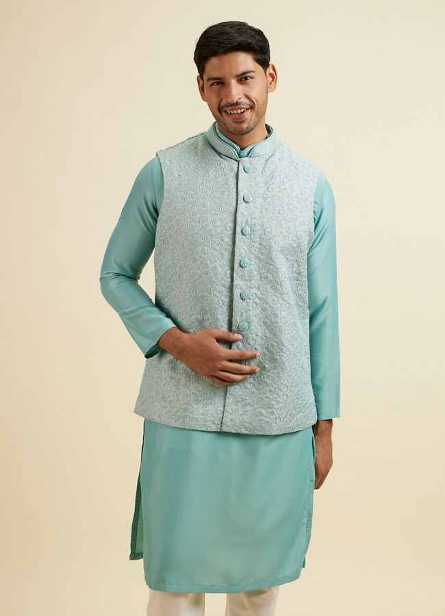 Manyawar Aqua Green Kurta Jacket Set with Exquisite Hand Embroidery and Cutdana Work