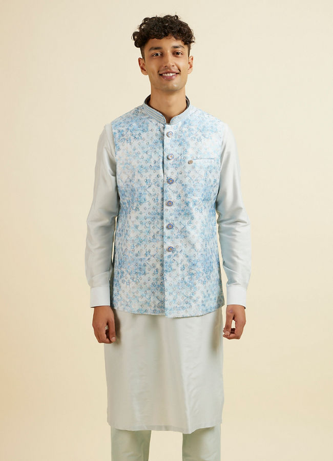 Manyawar Light Blue Kurta Jacket Set with Foil Print and Zari Embroidery