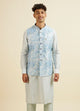Manyawar Light Blue Kurta Jacket Set with Foil Print and Zari Embroidery