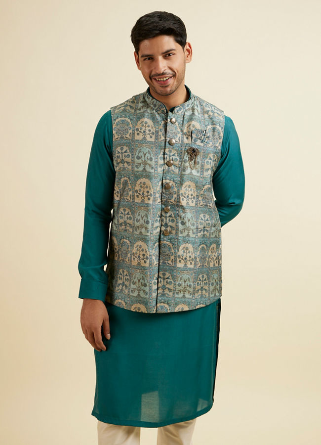 Manyawar Teal Green Self Print Kurta Jacket Set