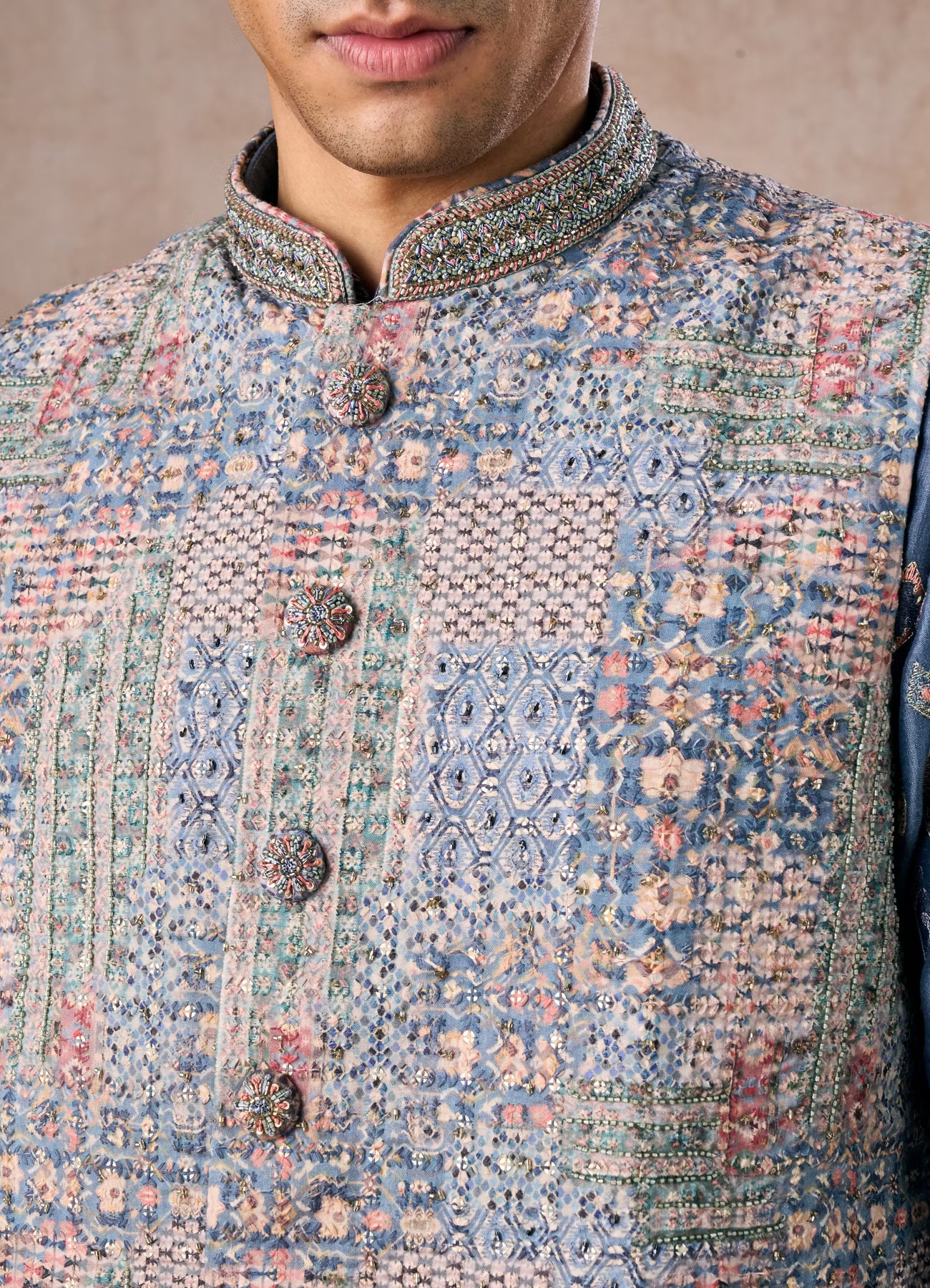 Manyavar Greyish Blue Kurta Jacket Set | Ready To Wear