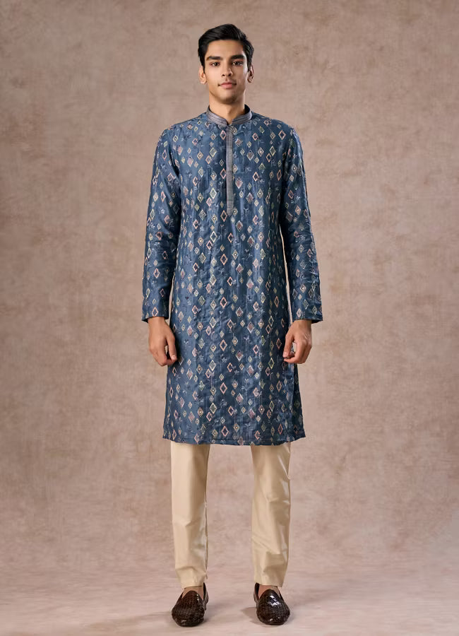 Manyavar Greyish Blue Kurta Jacket Set | Ready To Wear