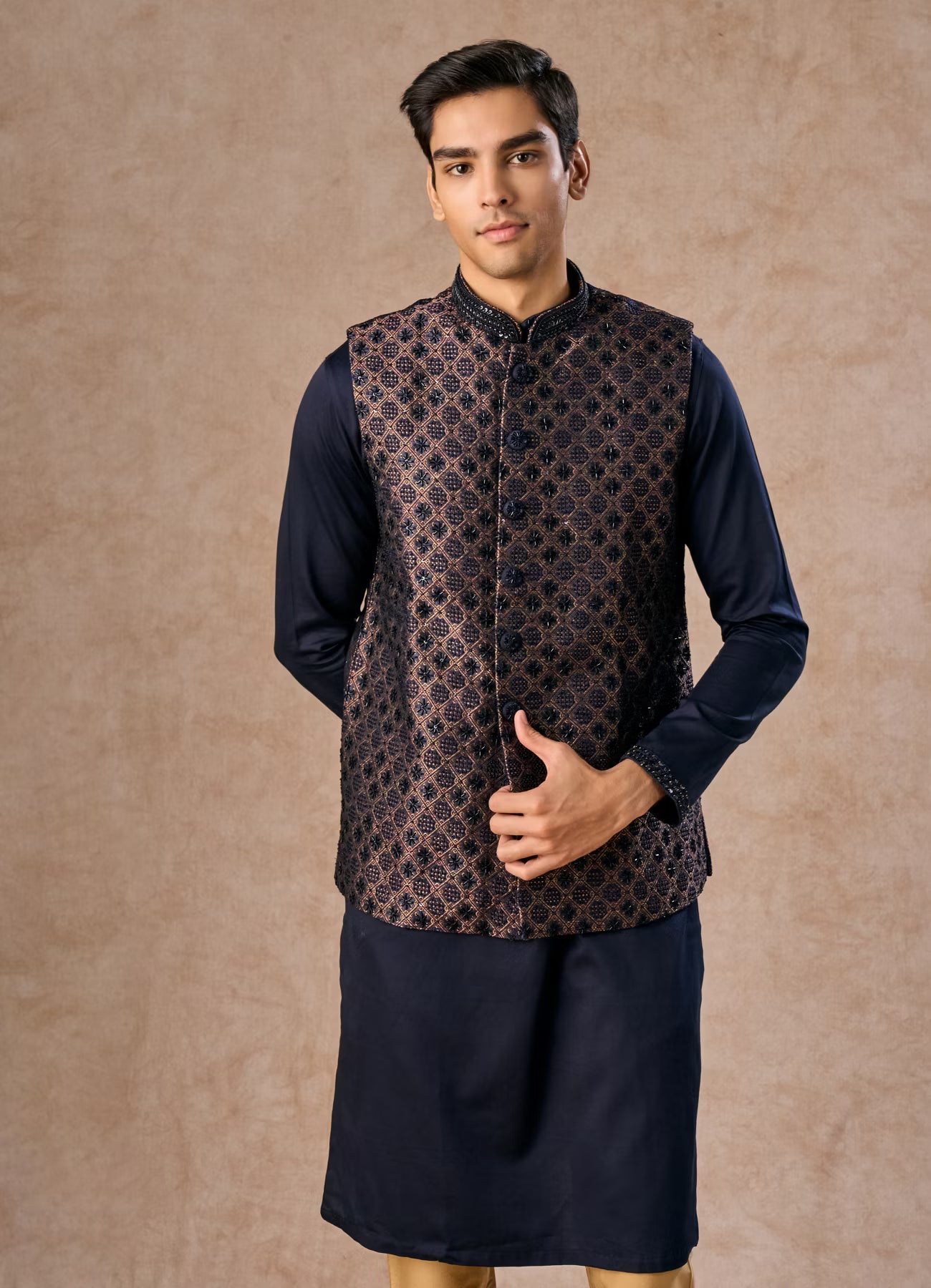 Manyavar Dark Blue Radiance Kurta Jacket Set | Ready To Wear