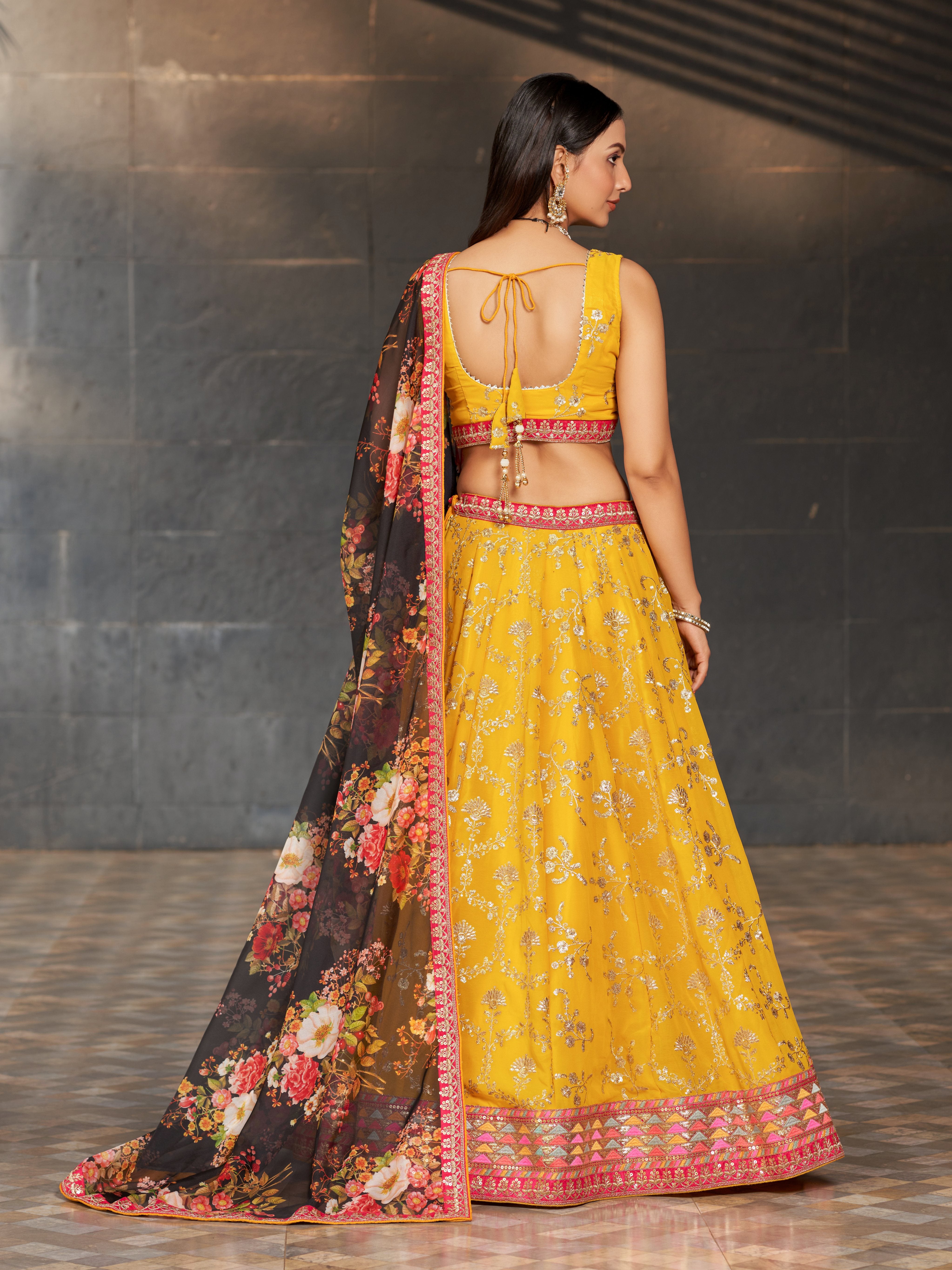 Ready To Wear | Women's Yellow Georgette Zari & Heavy Sequin Embroidery Lehenga Choli & Dupatta