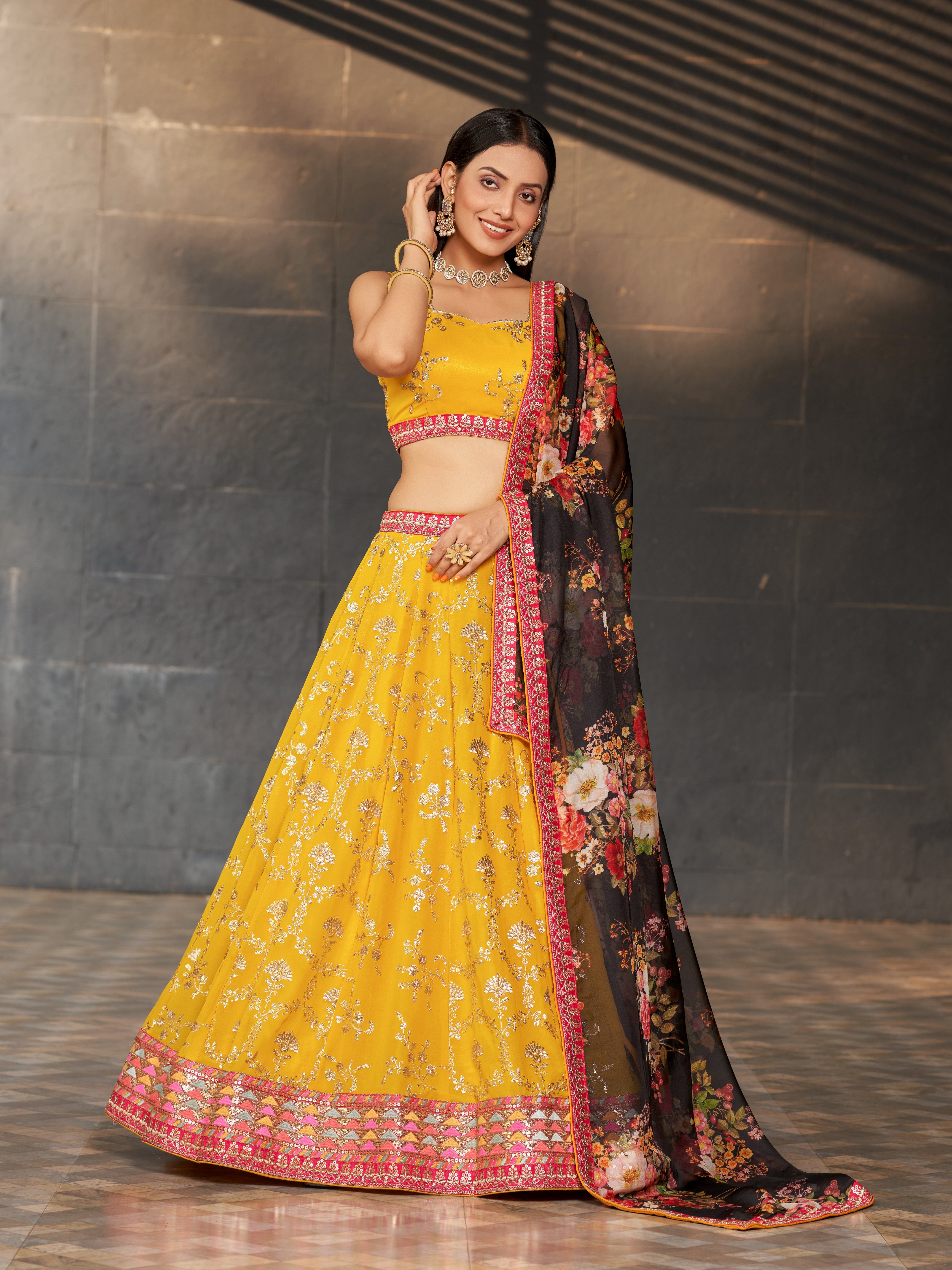 Ready To Wear | Women's Yellow Georgette Zari & Heavy Sequin Embroidery Lehenga Choli & Dupatta