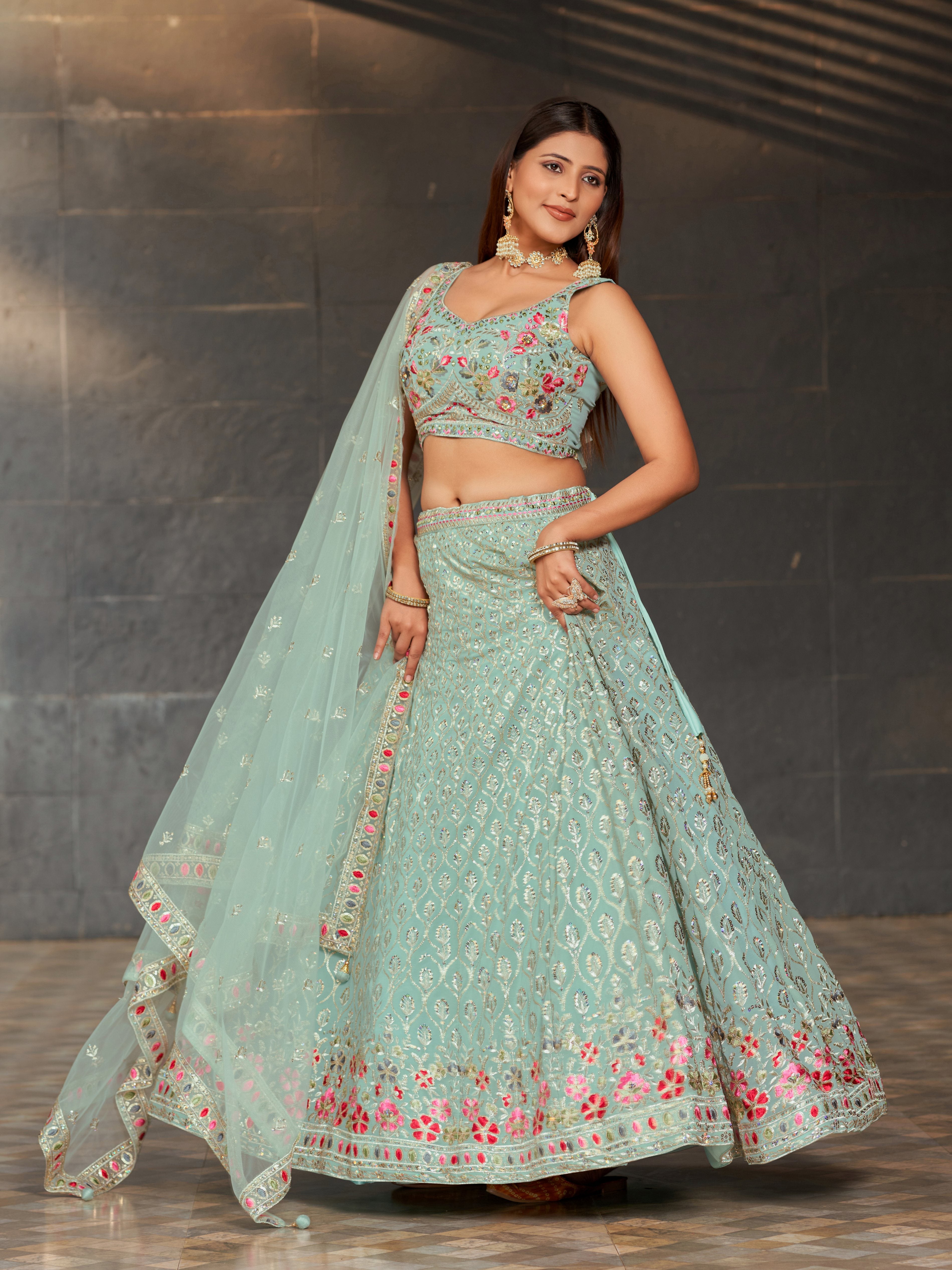 Ready To Wear | Women's Sky Blue Georgette Zari & Heavy Sequin Embroidery Lehenga Choli & Dupatta