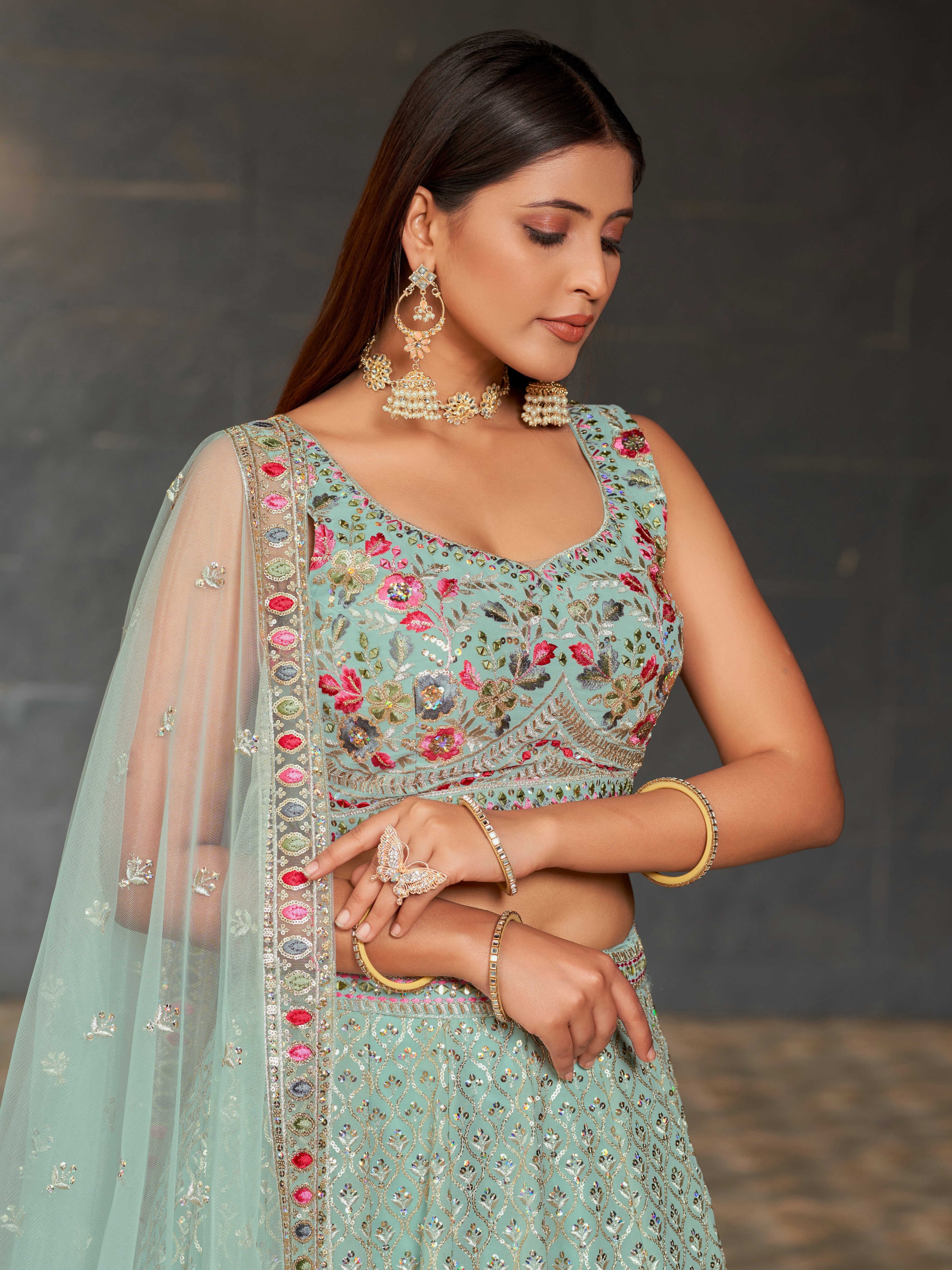 Ready To Wear | Women's Sky Blue Georgette Zari & Heavy Sequin Embroidery Lehenga Choli & Dupatta