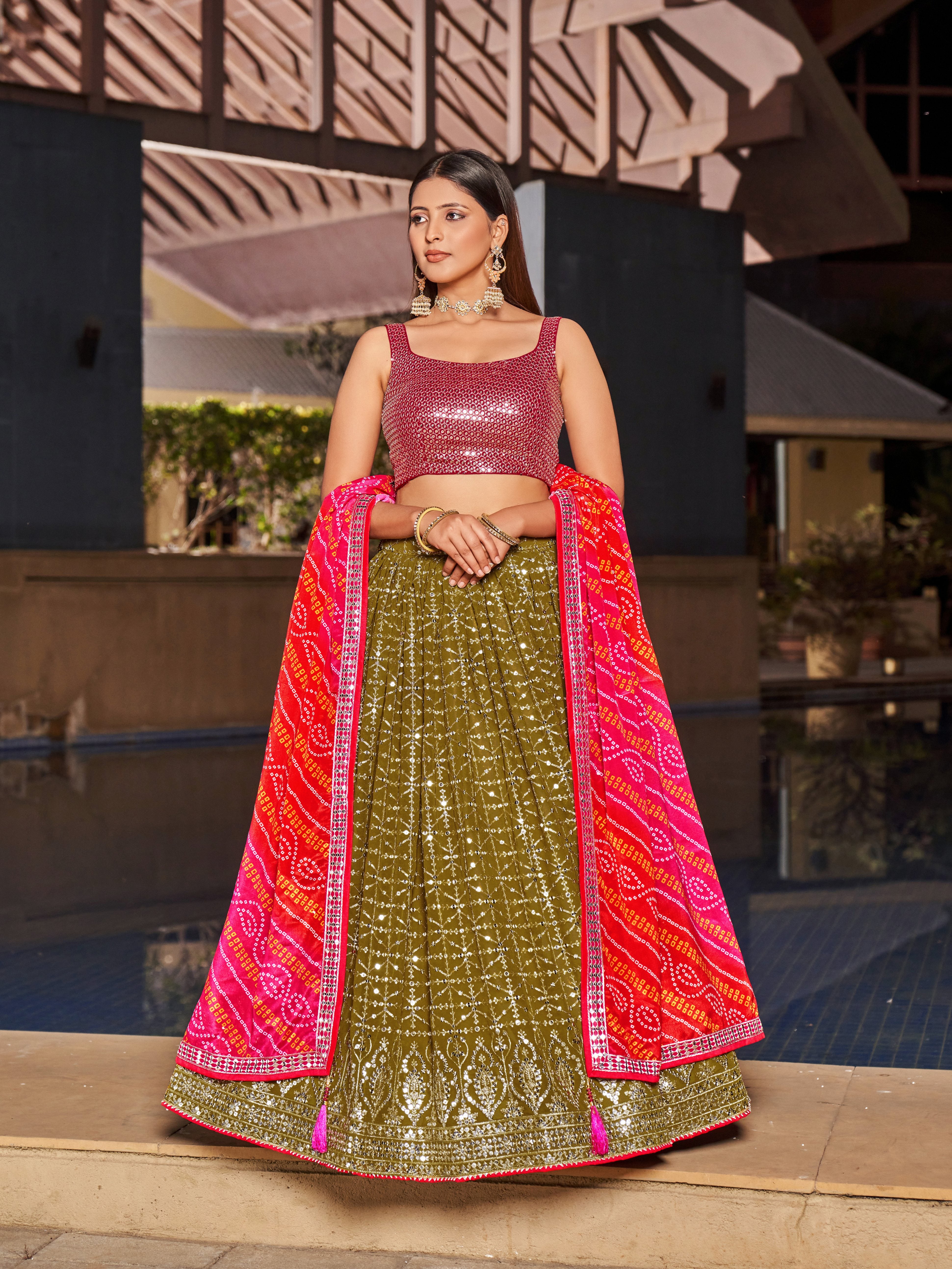 Ready To Wear | Women's Olive Georgette Zari & Heavy Sequin Embroidery Lehenga Choli & Dupatta