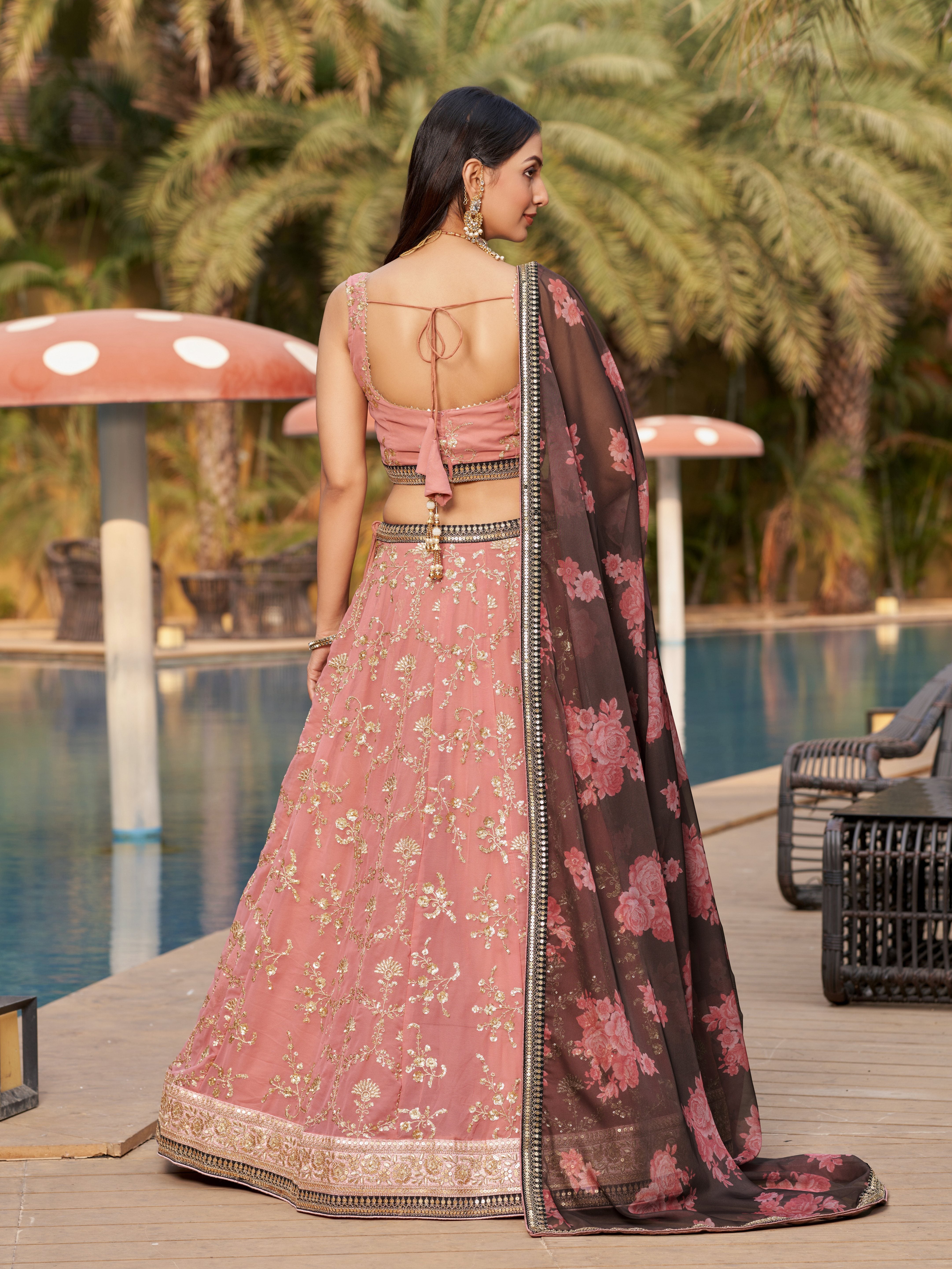 Ready To Wear | Women's Pink Georgette Zari & Heavy Sequin Embroidery Lehenga Choli & Dupatta