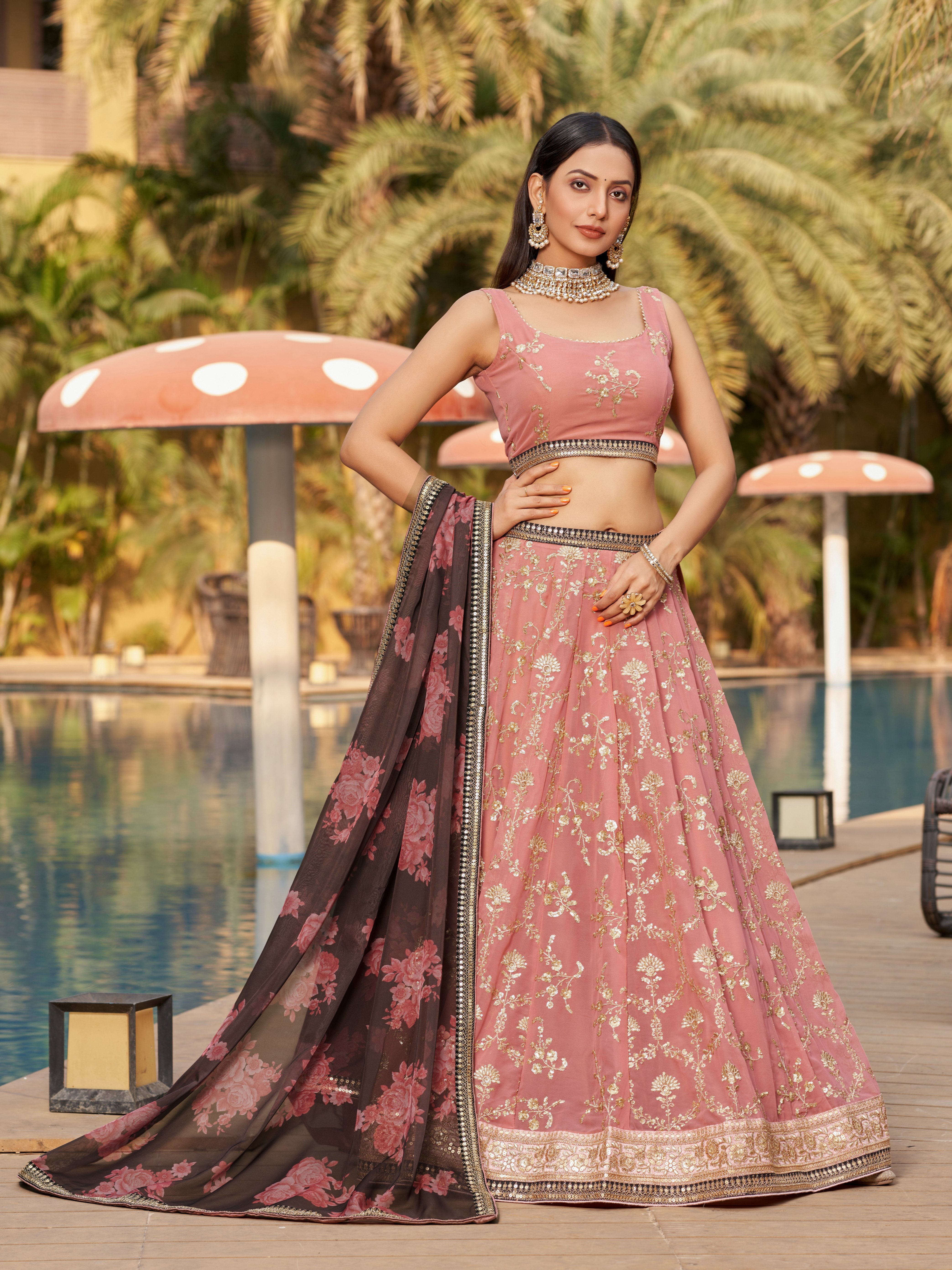 Ready To Wear | Women's Pink Georgette Zari & Heavy Sequin Embroidery Lehenga Choli & Dupatta