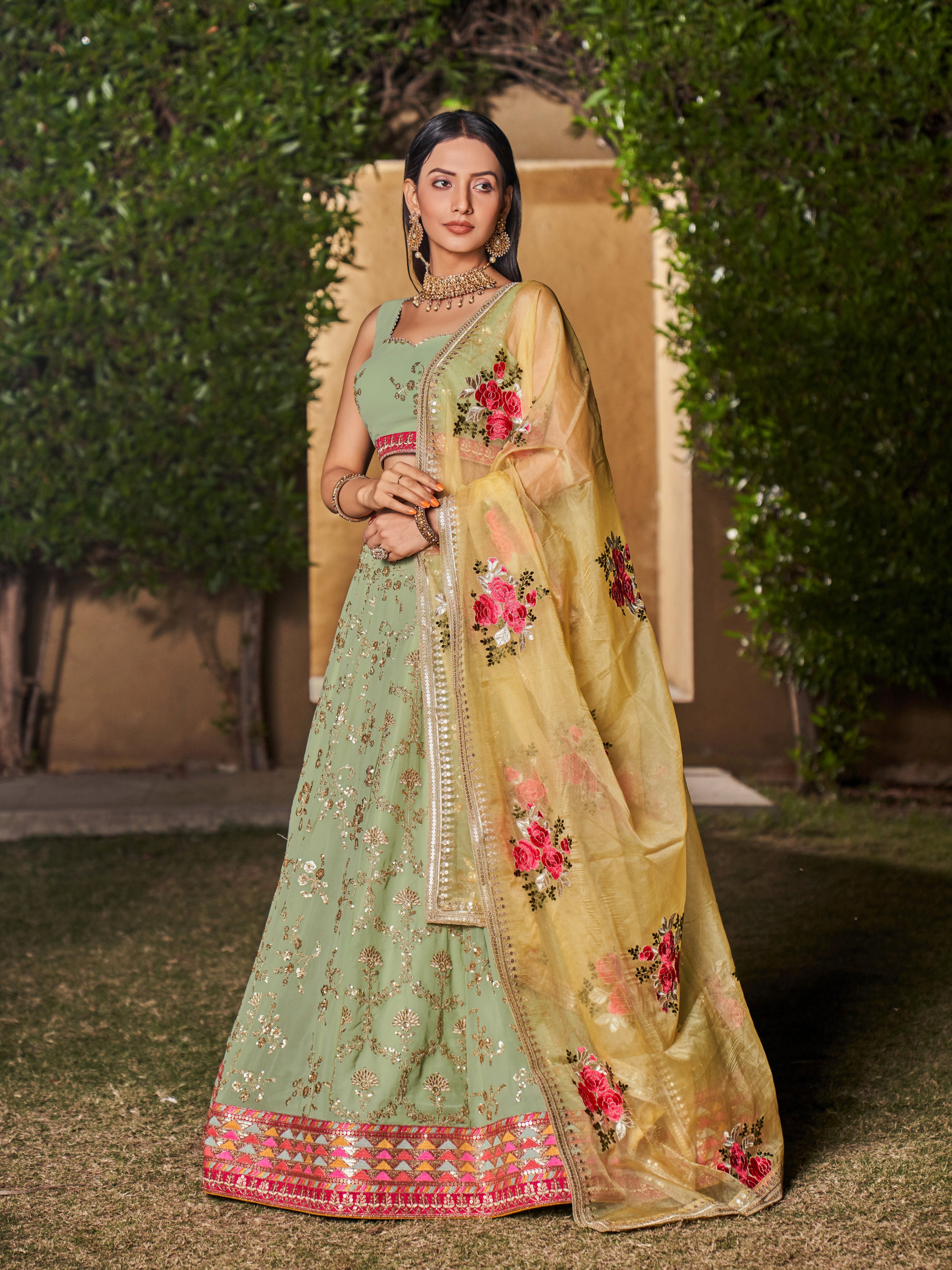 Ready To Wear | Women's Pista Georgette Zari & Heavy Sequin Embroidery Lehenga Choli & Dupatta