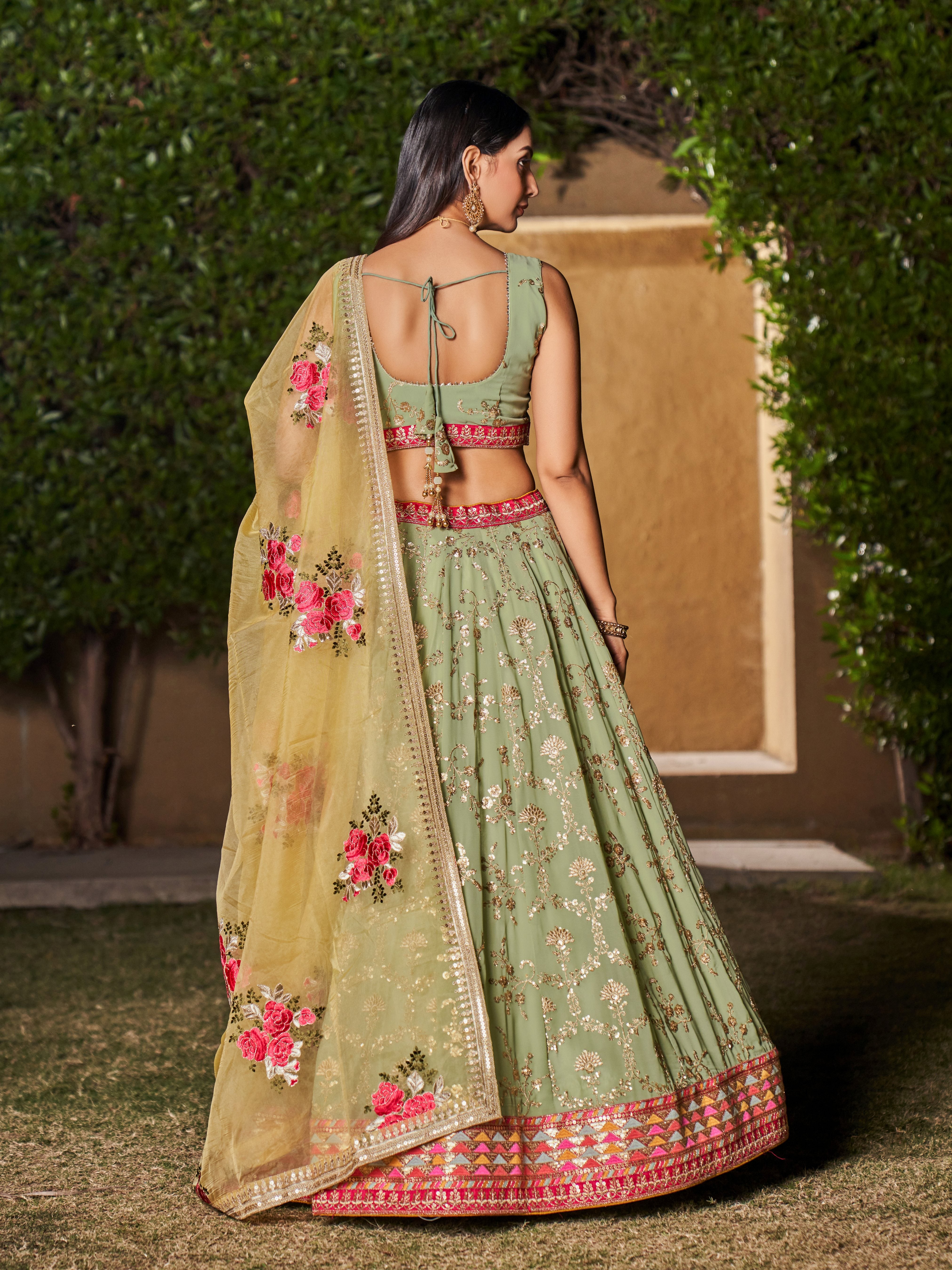 Ready To Wear | Women's Pista Georgette Zari & Heavy Sequin Embroidery Lehenga Choli & Dupatta