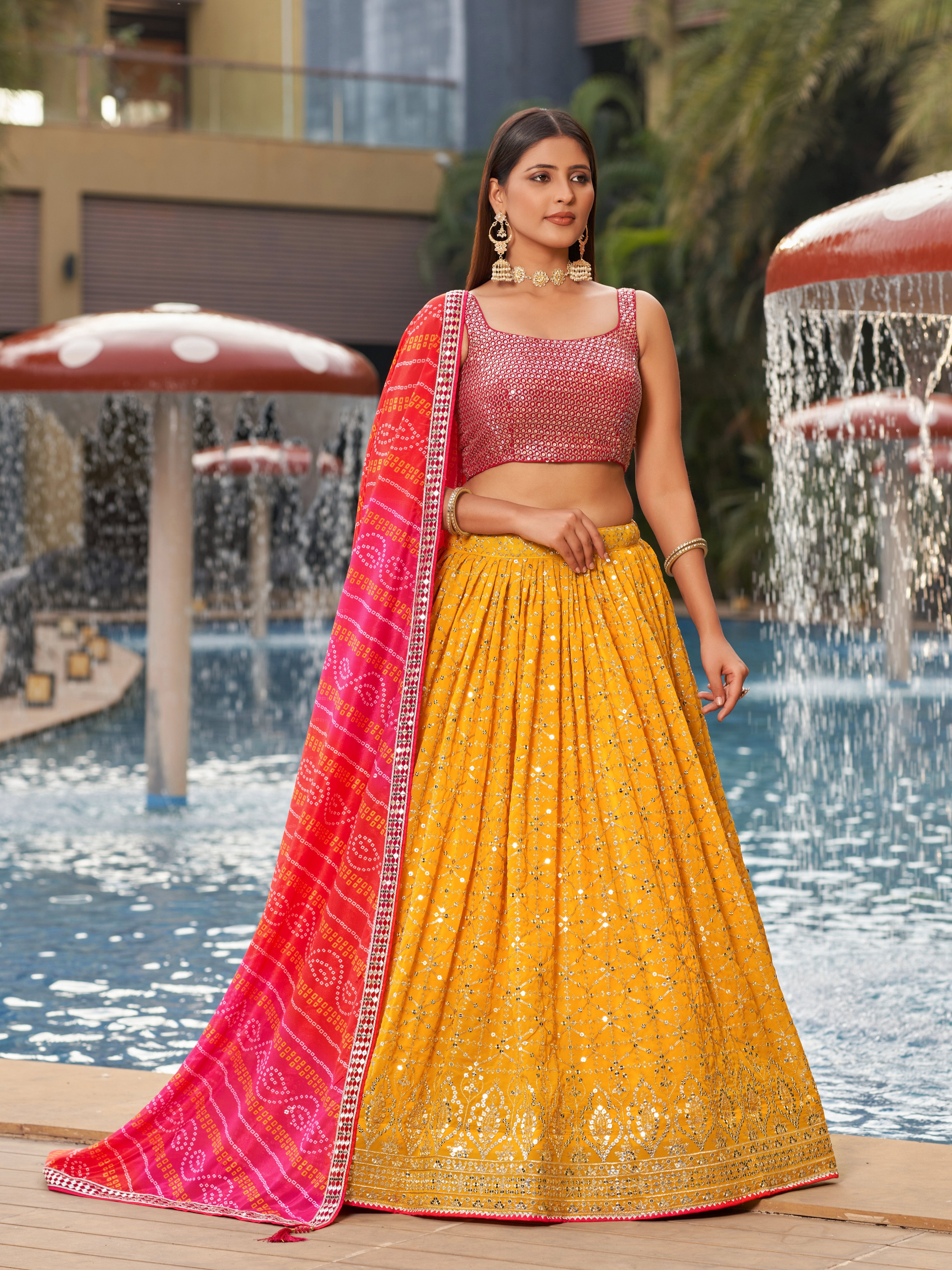 Ready To Wear | Women's Yellow Georgette Zari & Heavy Sequin Embroidery Lehenga Choli & Dupatta