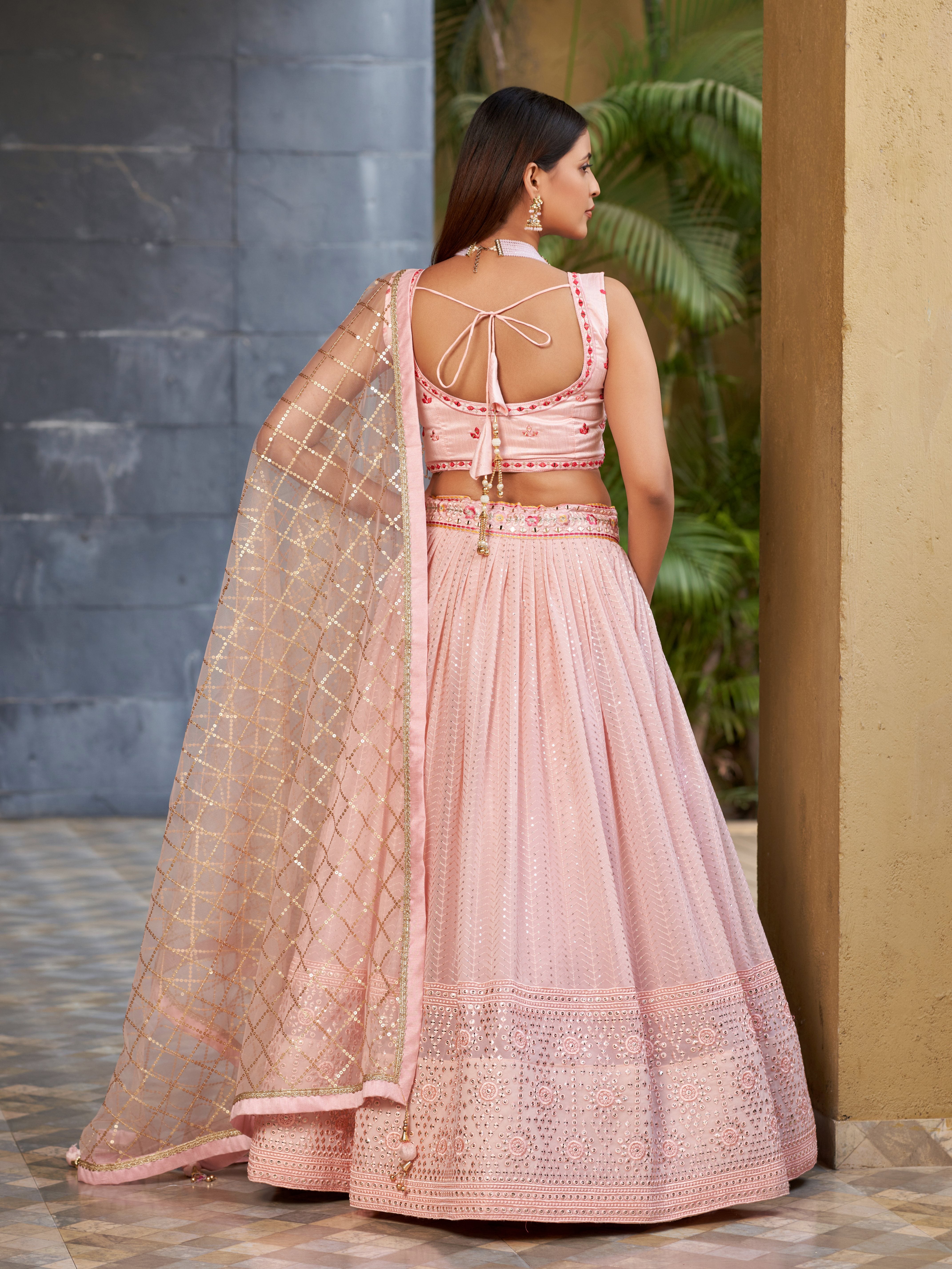 Ready To Wear | Women's Pink Georgette Zari & Heavy Sequin Embroidery Lehenga Choli & Dupatta
