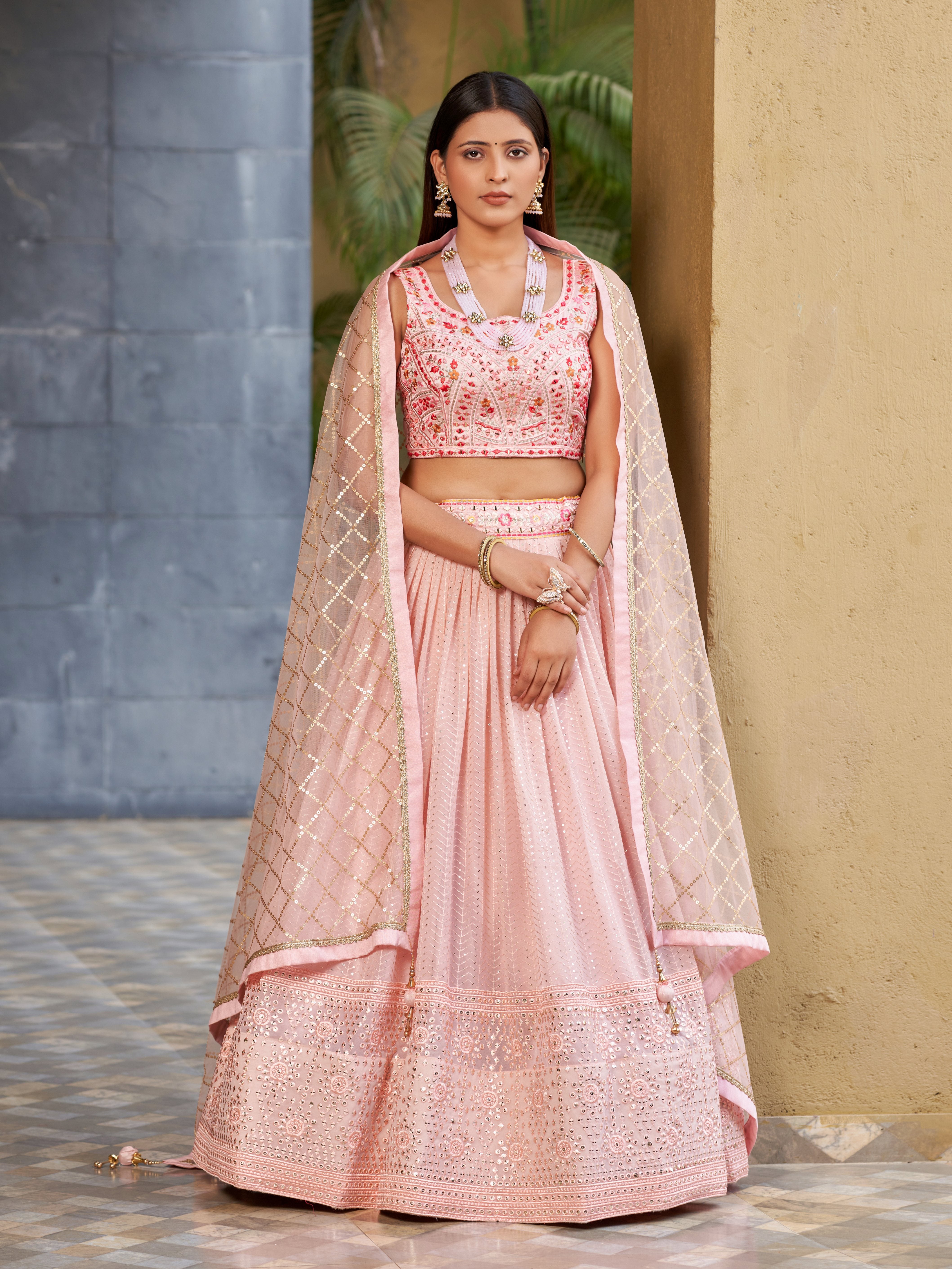 Ready To Wear | Women's Pink Georgette Zari & Heavy Sequin Embroidery Lehenga Choli & Dupatta