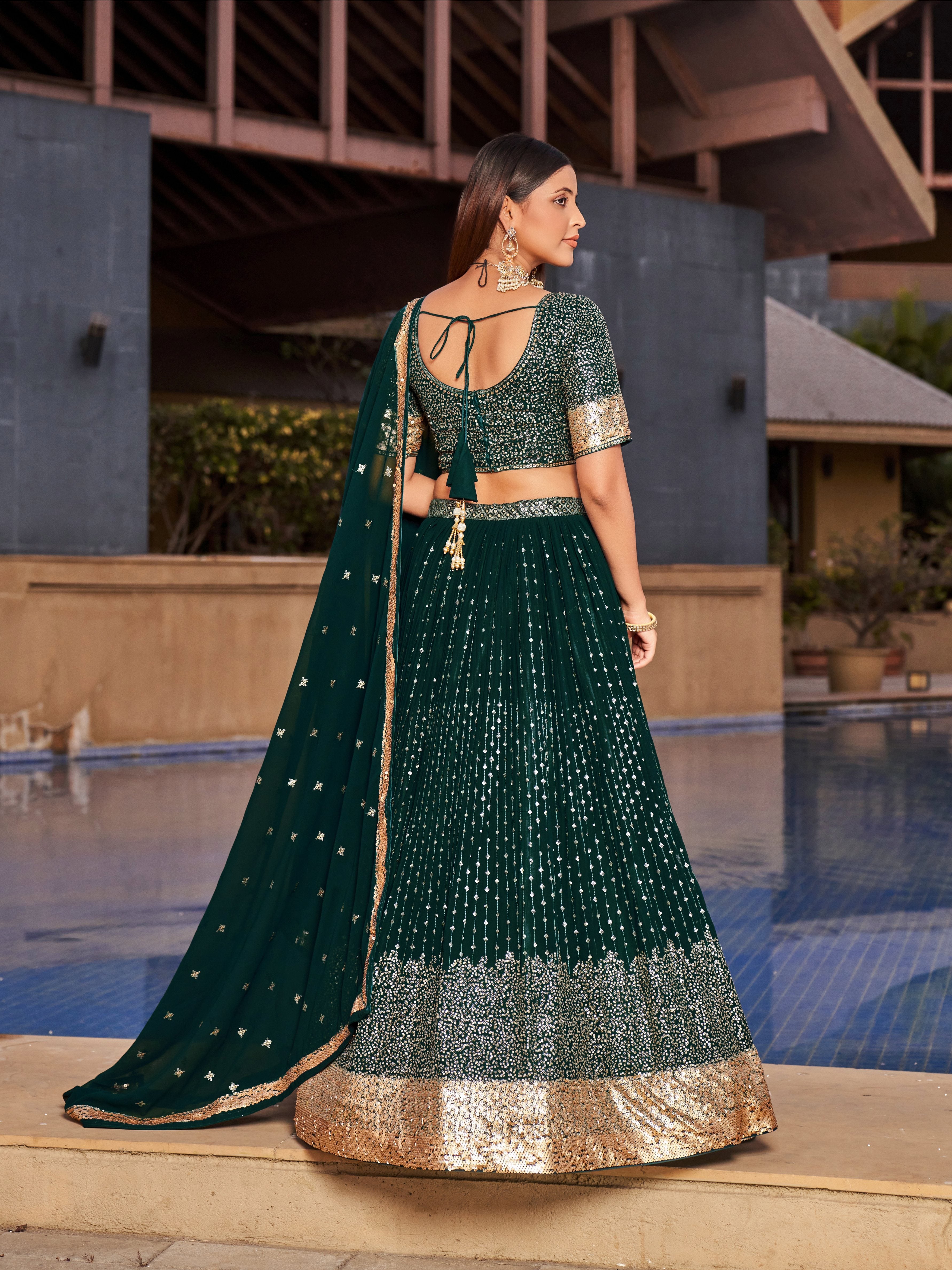 Ready To Wear | Women's Green Georgette Zari & Heavy Sequin Embroidery Lehenga Choli & Dupatta