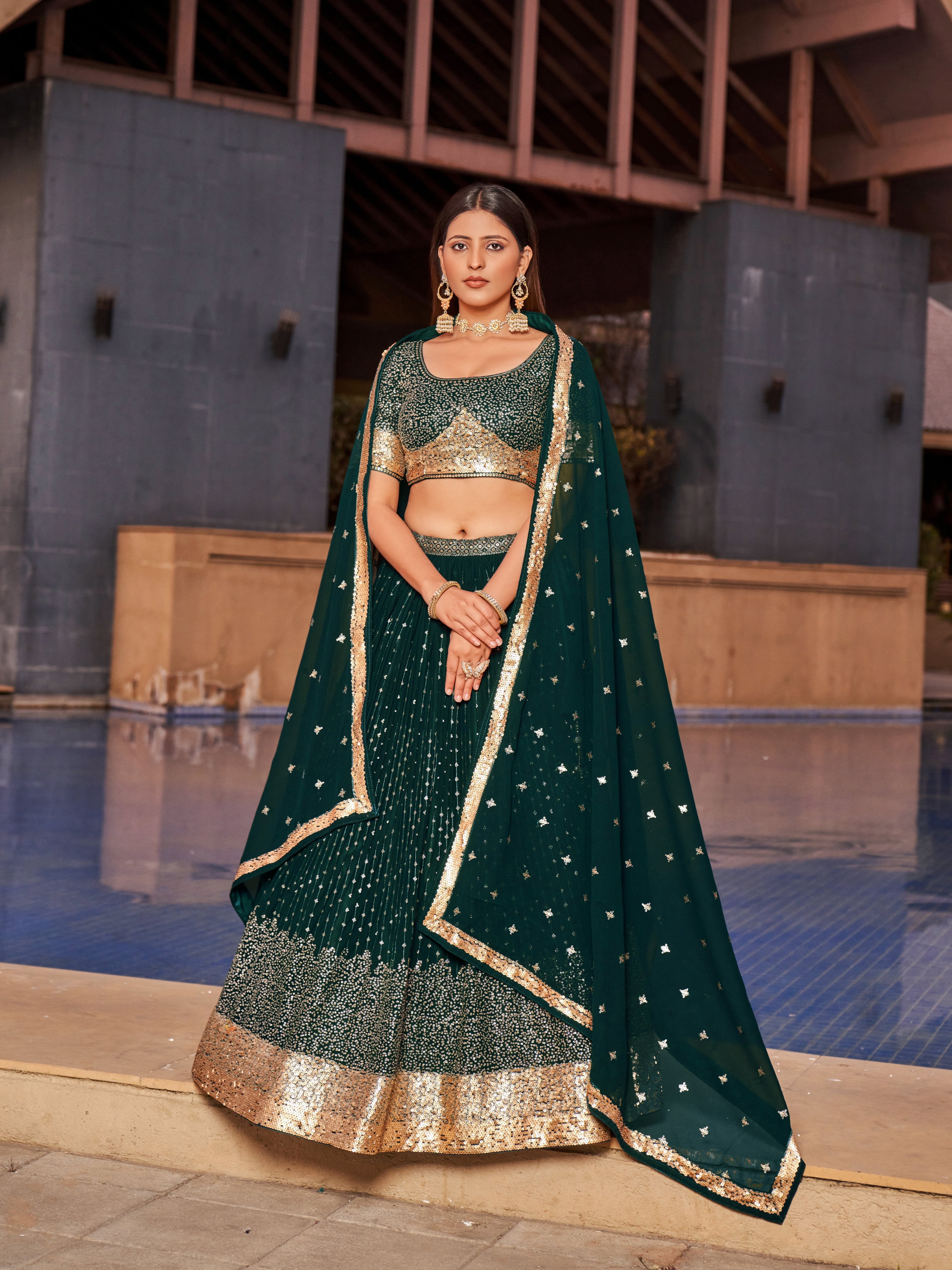 Ready To Wear | Women's Green Georgette Zari & Heavy Sequin Embroidery Lehenga Choli & Dupatta