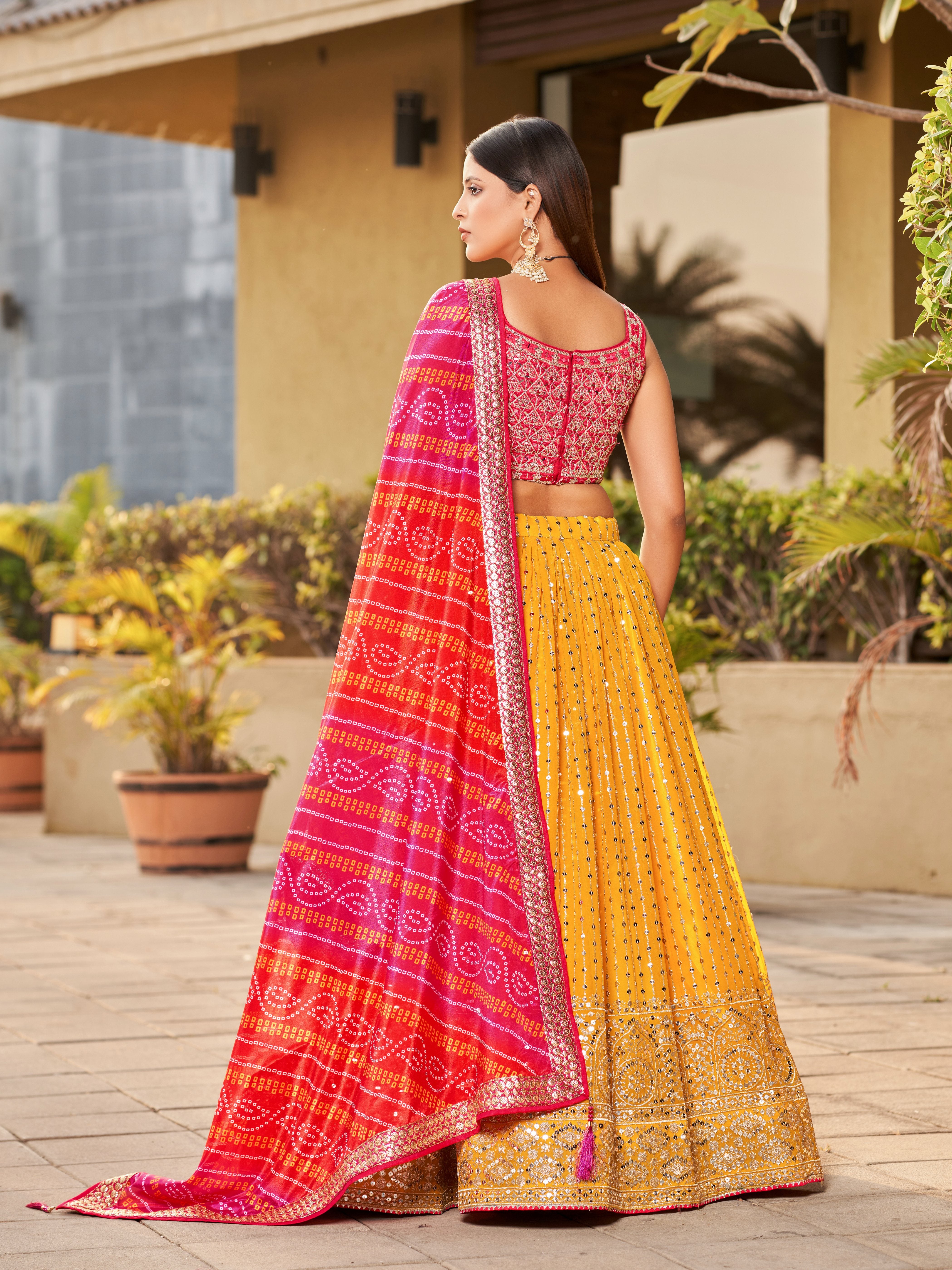 Ready To Wear | Women's Yellow Georgette Zari & Heavy Sequin Embroidery Lehenga Choli & Dupatta