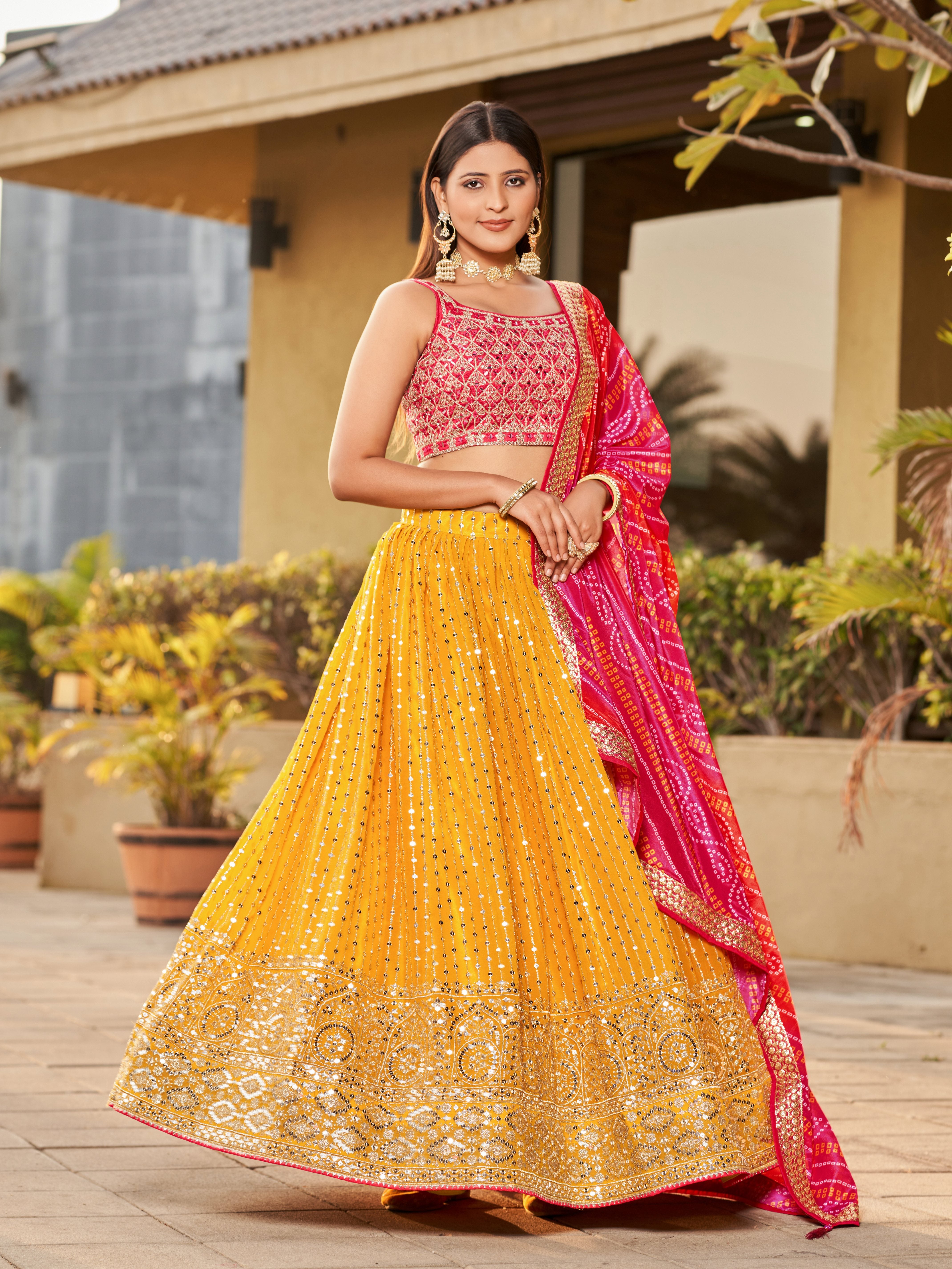 Ready To Wear | Women's Yellow Georgette Zari & Heavy Sequin Embroidery Lehenga Choli & Dupatta