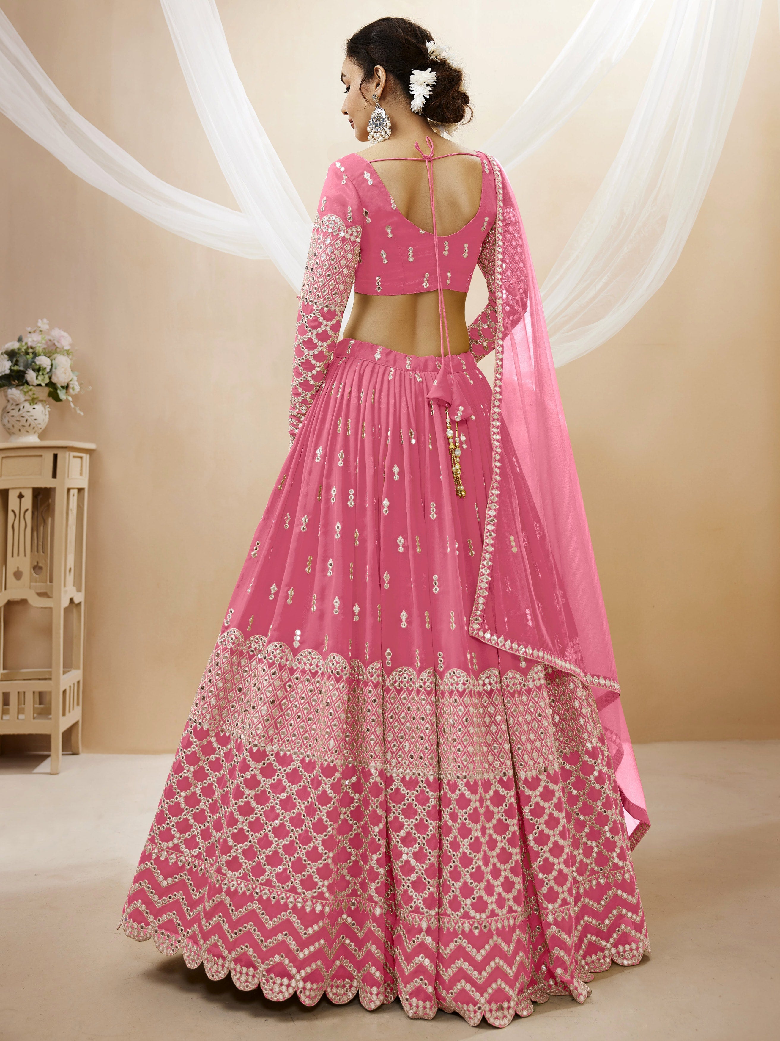 Ready To Wear | Women's Pink Georgette Sequins Zari Embroidered Lehenga Choli & Dupatta