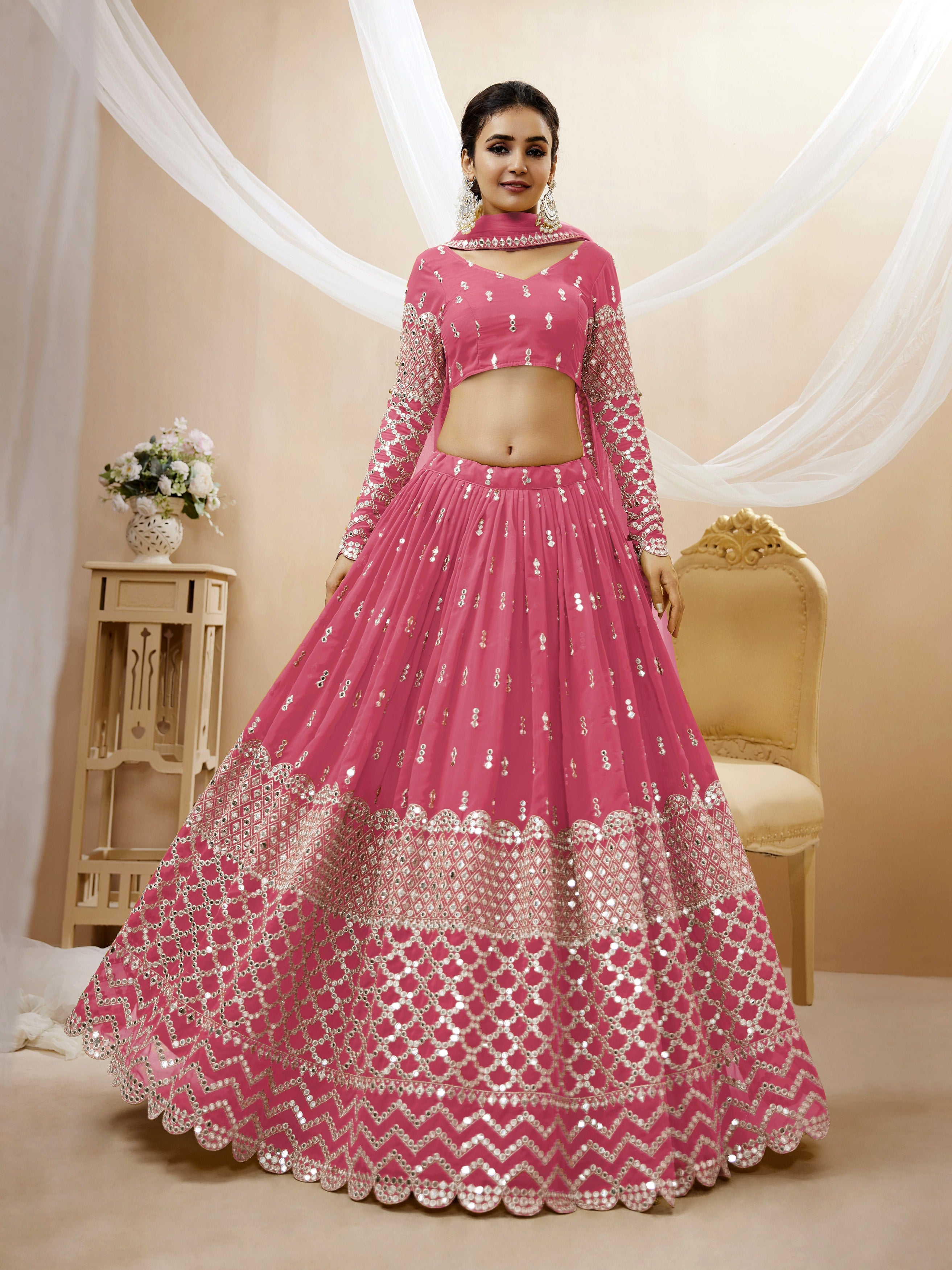 Ready To Wear | Women's Pink Georgette Sequins Zari Embroidered Lehenga Choli & Dupatta