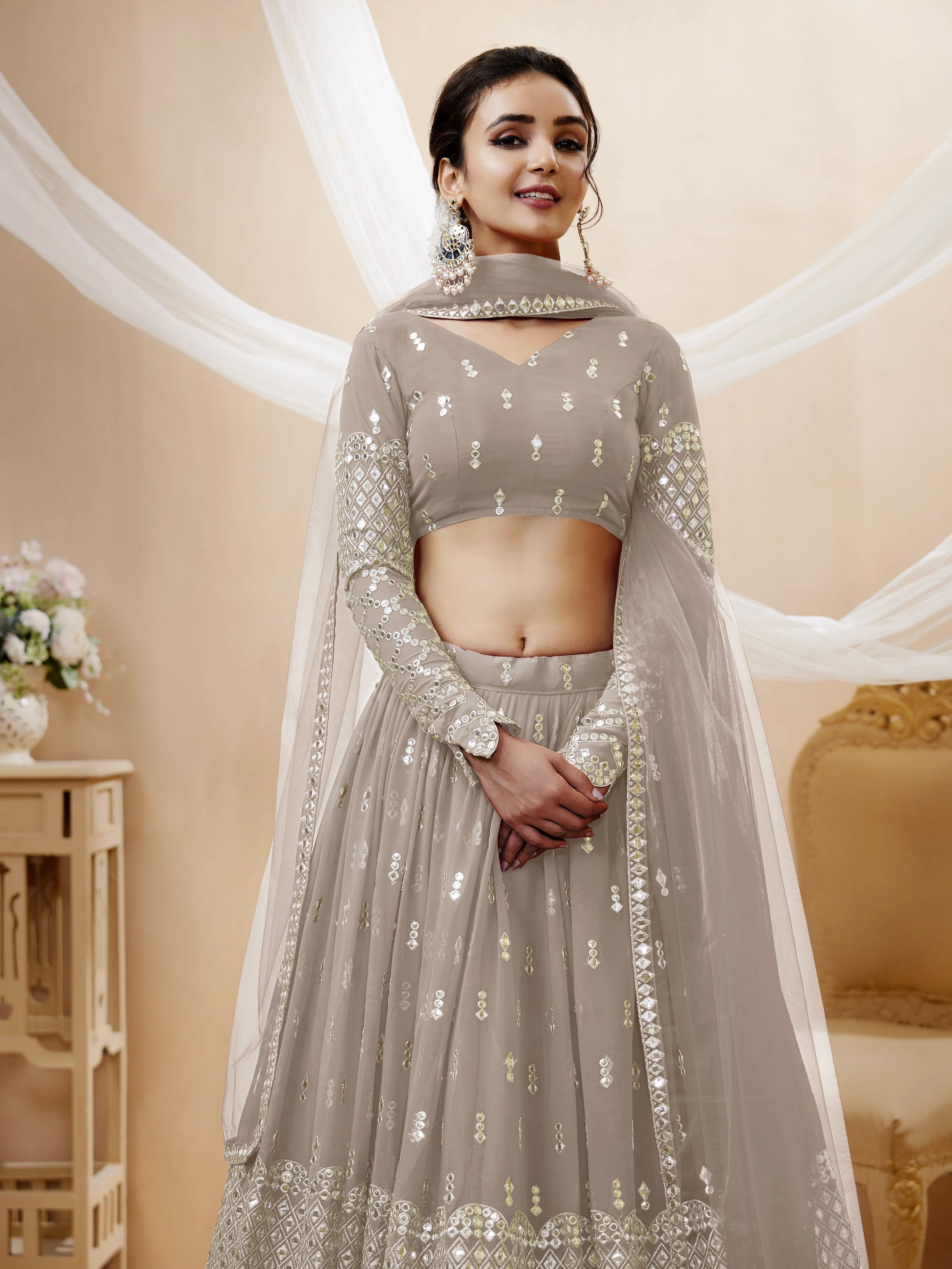 Ready To Wear | Women's Grey Georgette Sequins Zari Embroidered Lehenga Choli & Dupatta