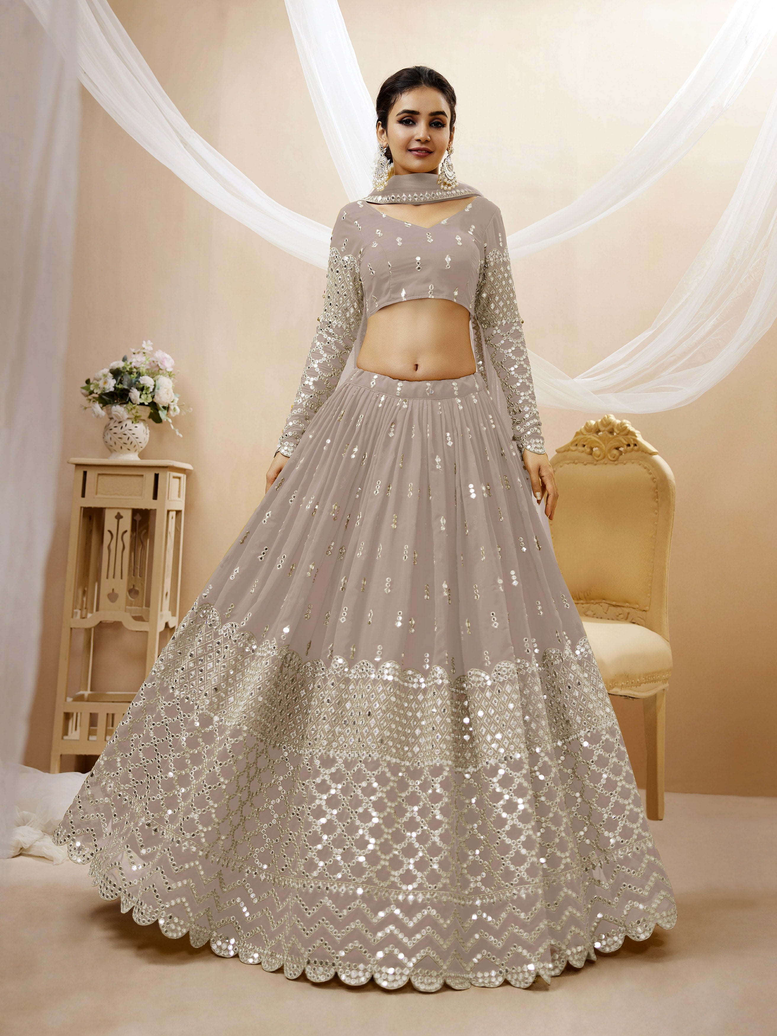 Ready To Wear | Women's Grey Georgette Sequins Zari Embroidered Lehenga Choli & Dupatta