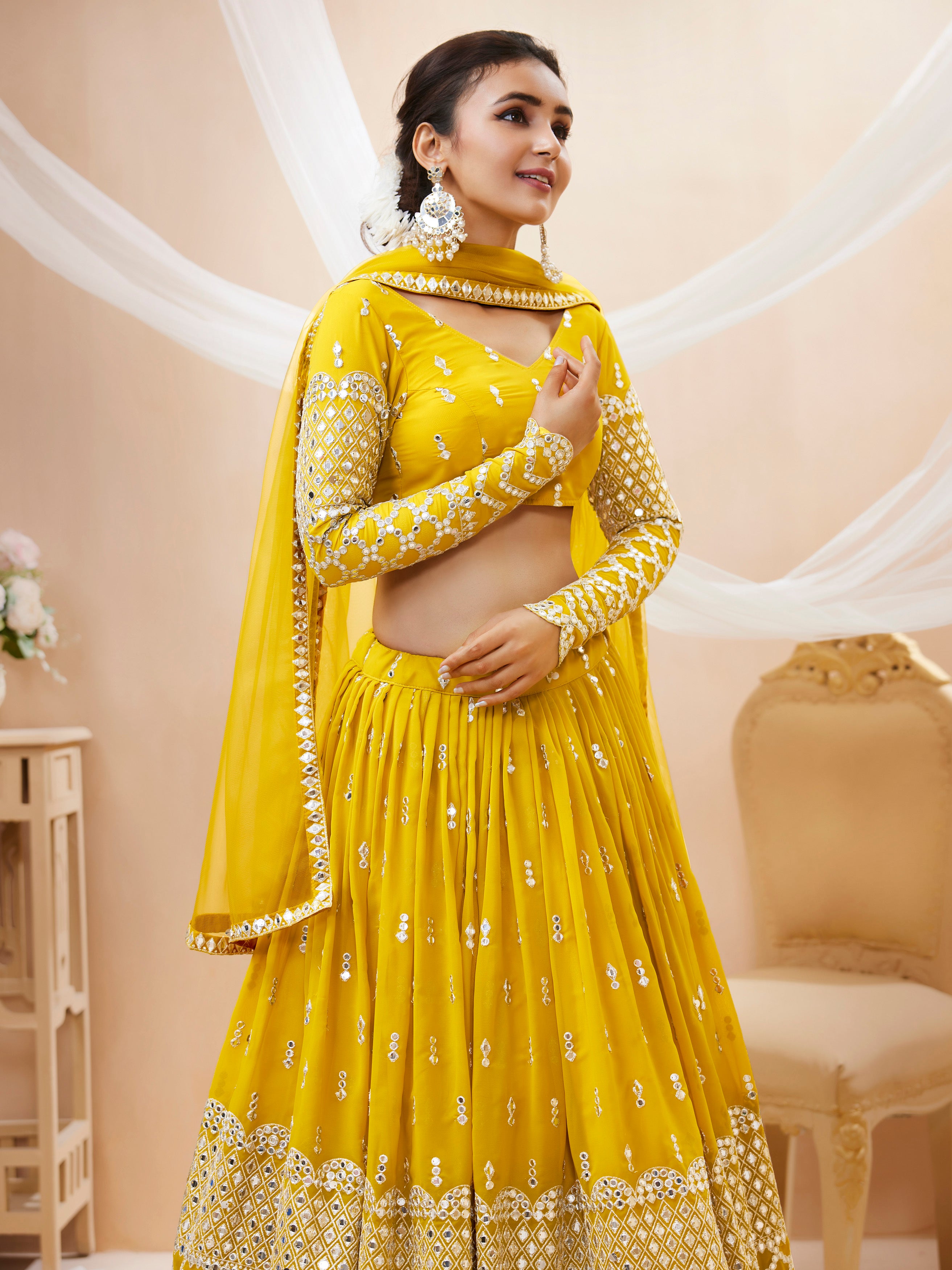 Ready To Wear | Women's Yellow Georgette Sequins Zari Embroidered Lehenga Choli & Dupatta