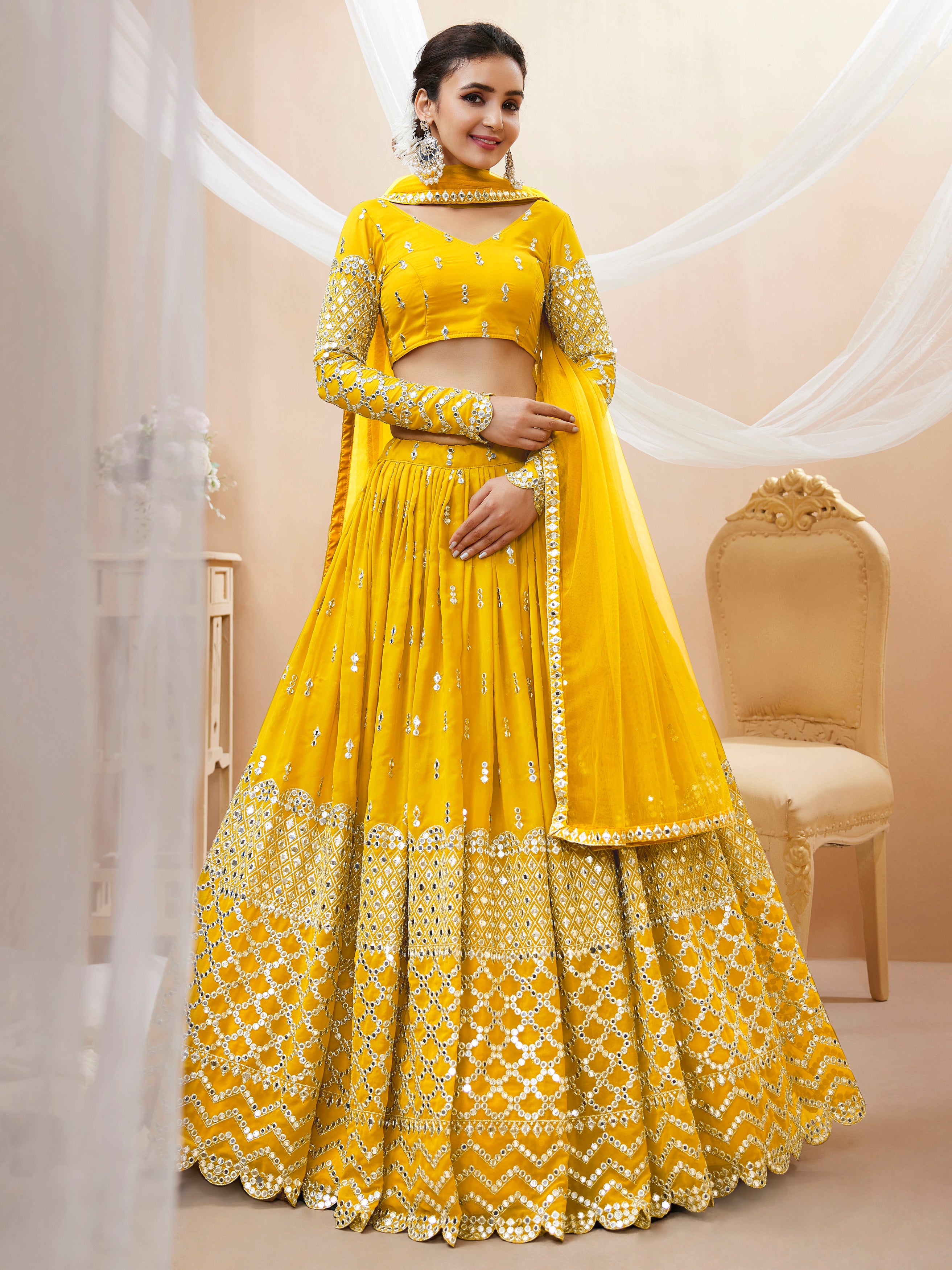 Ready To Wear | Women's Yellow Georgette Sequins Zari Embroidered Lehenga Choli & Dupatta