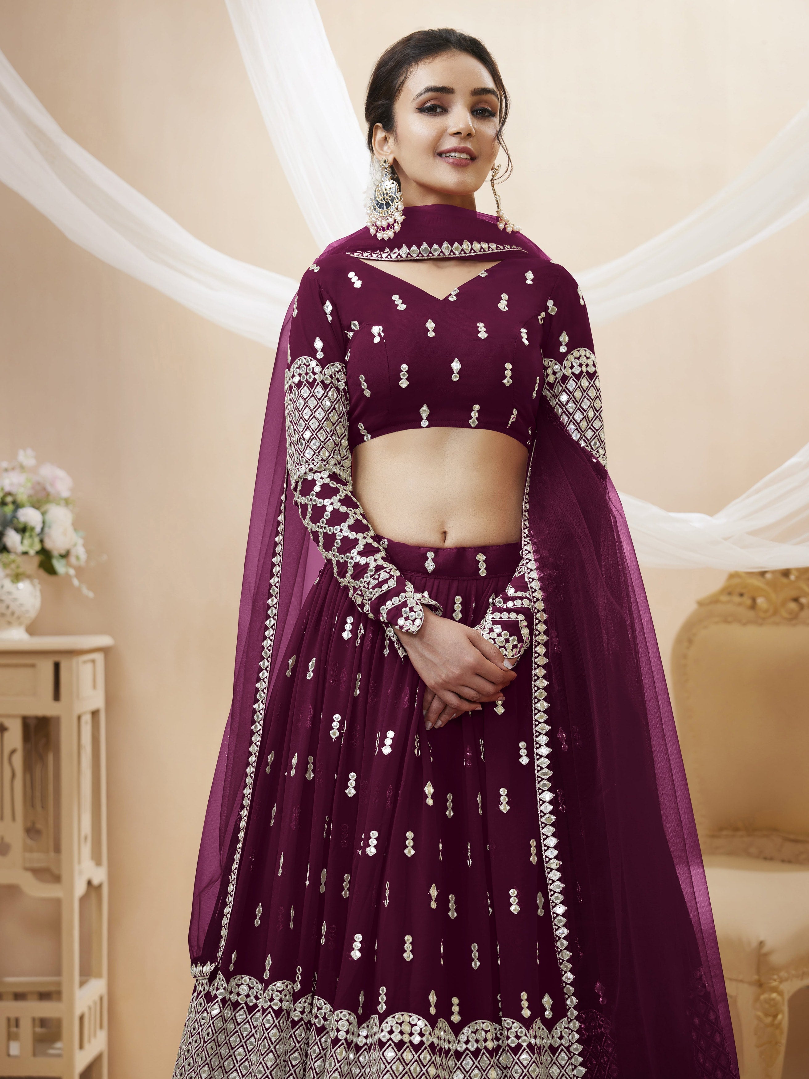 Ready To Wear | Women's Wine Georgette Sequins Zari Embroidered Lehenga Choli & Dupatta