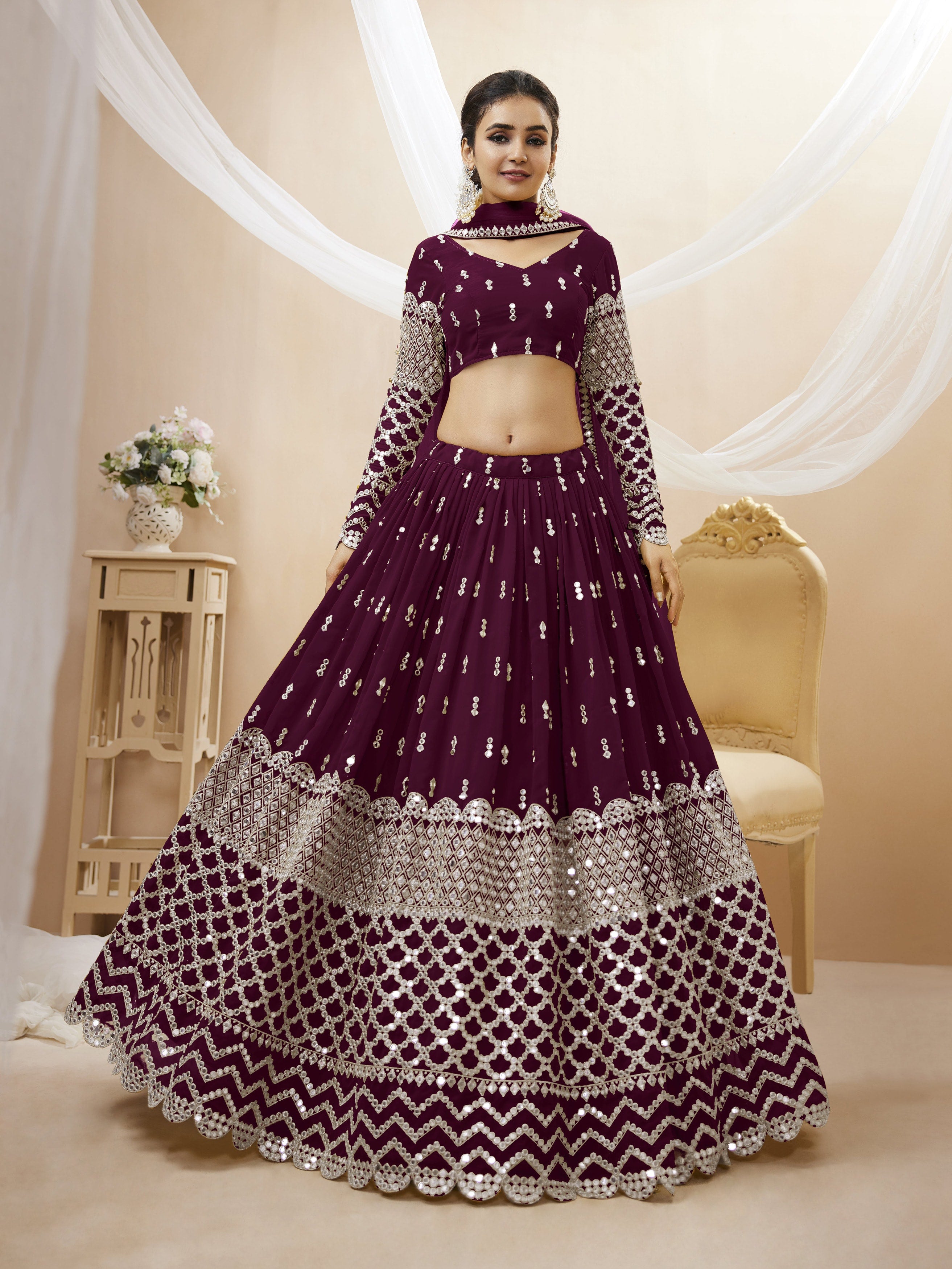 Ready To Wear | Women's Wine Georgette Sequins Zari Embroidered Lehenga Choli & Dupatta