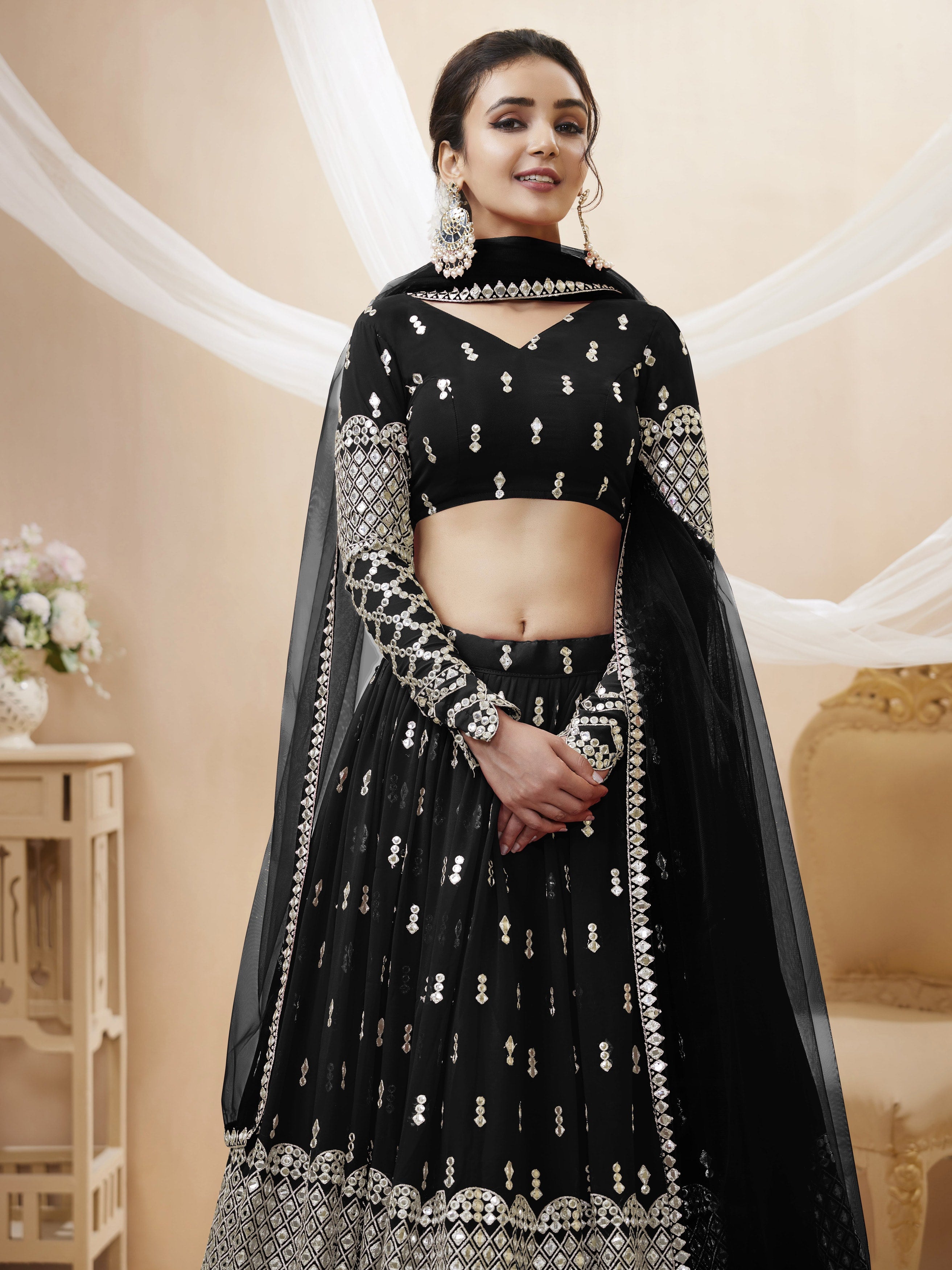 Ready To Wear | Women's Black Georgette Sequins Zari Embroidered Lehenga Choli & Dupatta