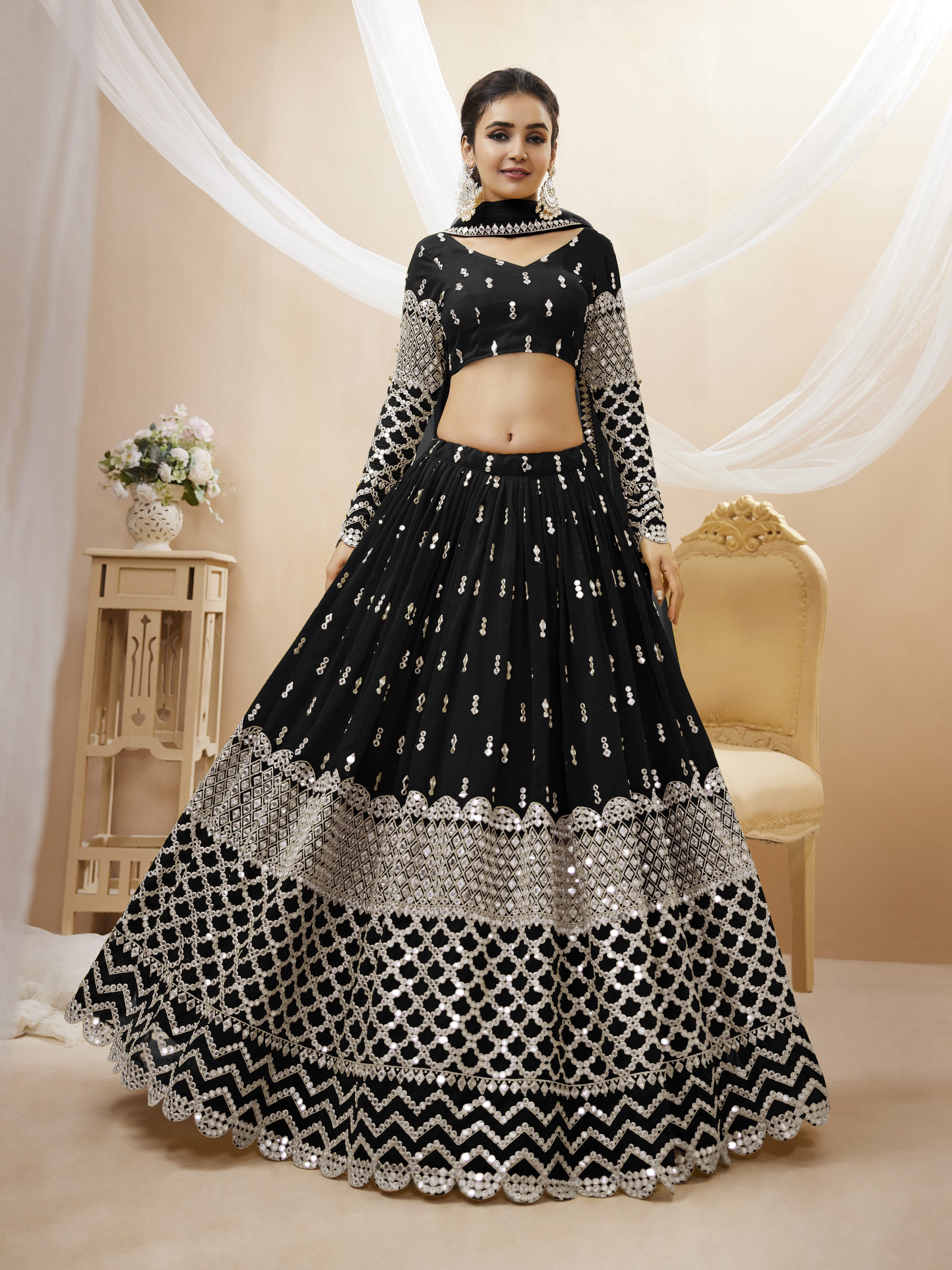 Ready To Wear | Women's Black Georgette Sequins Zari Embroidered Lehenga Choli & Dupatta