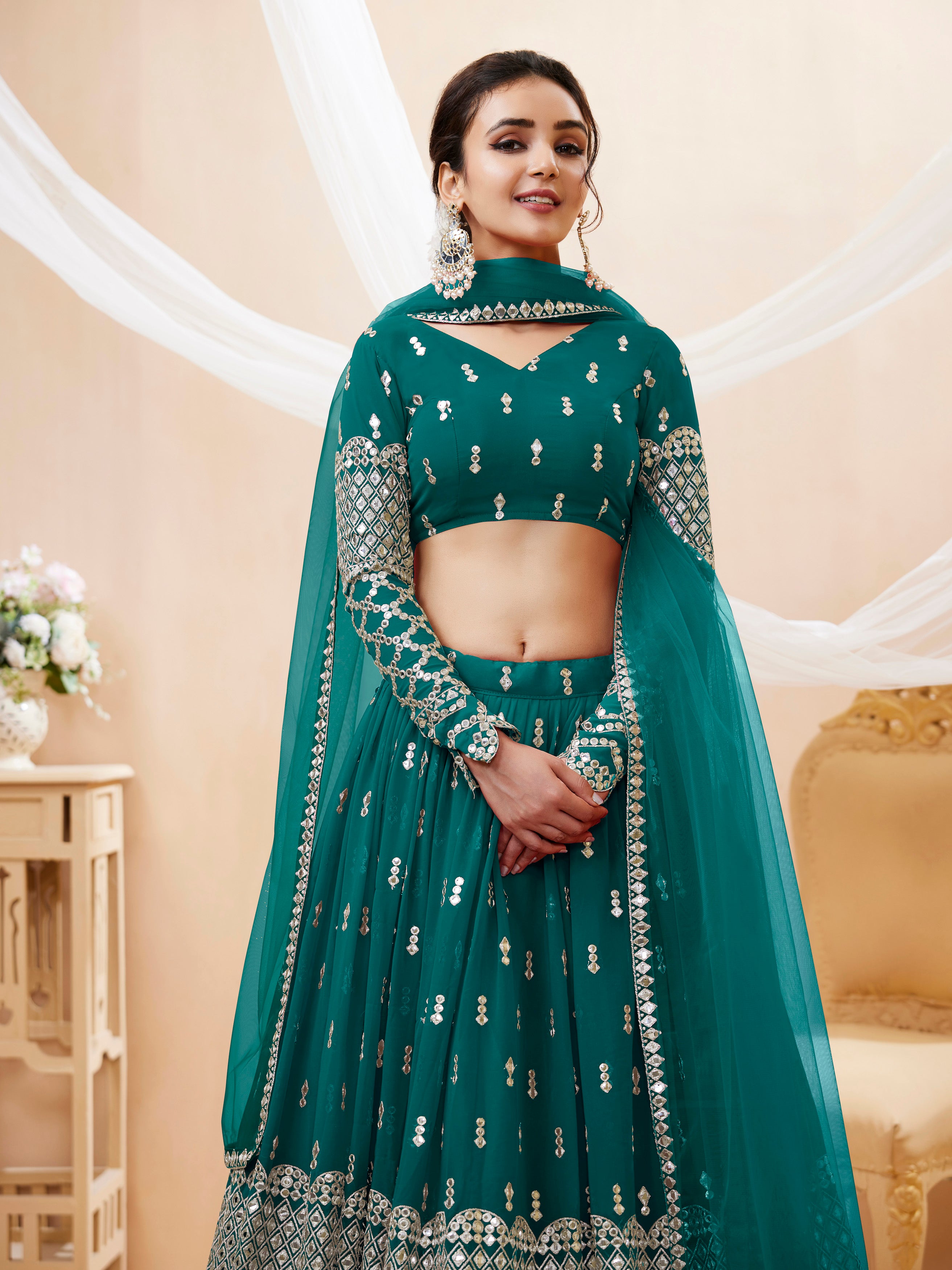 Ready To Wear | Women's Teal Blue Georgette Sequins Zari Embroidered Lehenga Choli & Dupatta