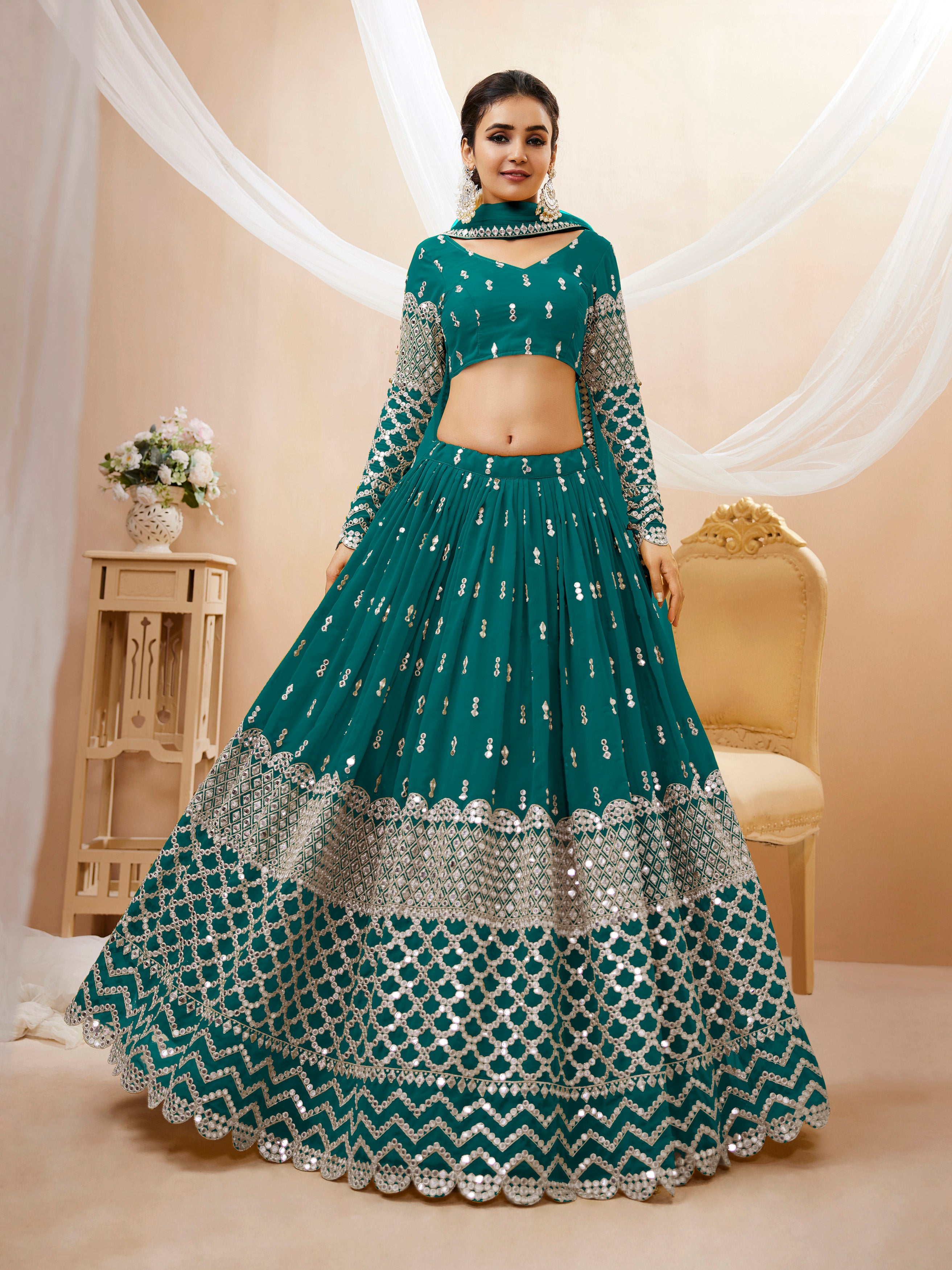 Ready To Wear | Women's Teal Blue Georgette Sequins Zari Embroidered Lehenga Choli & Dupatta