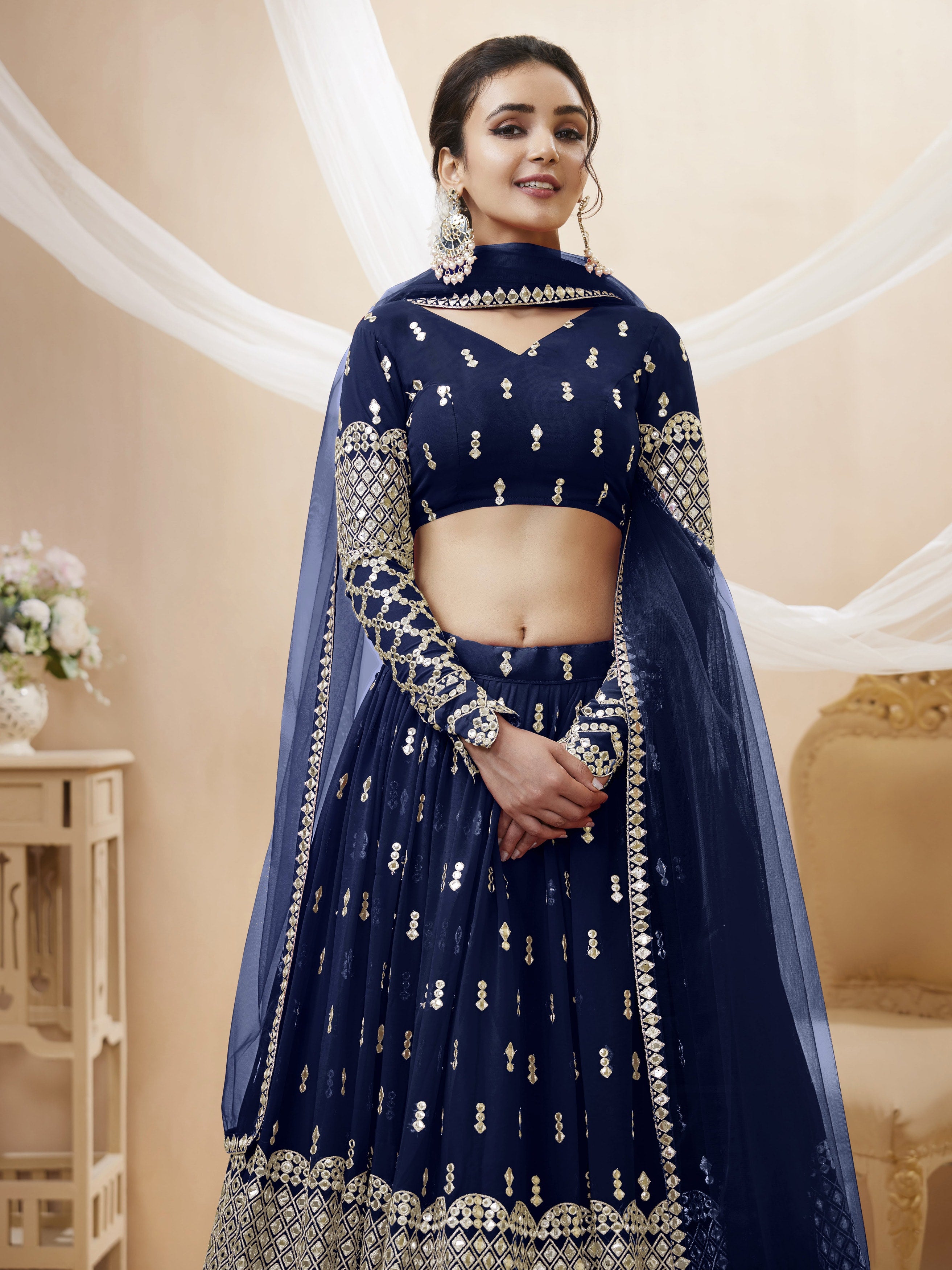 Ready To Wear | Women's Navy Blue Georgette Sequins Zari Embroidered Lehenga Choli & Dupatta