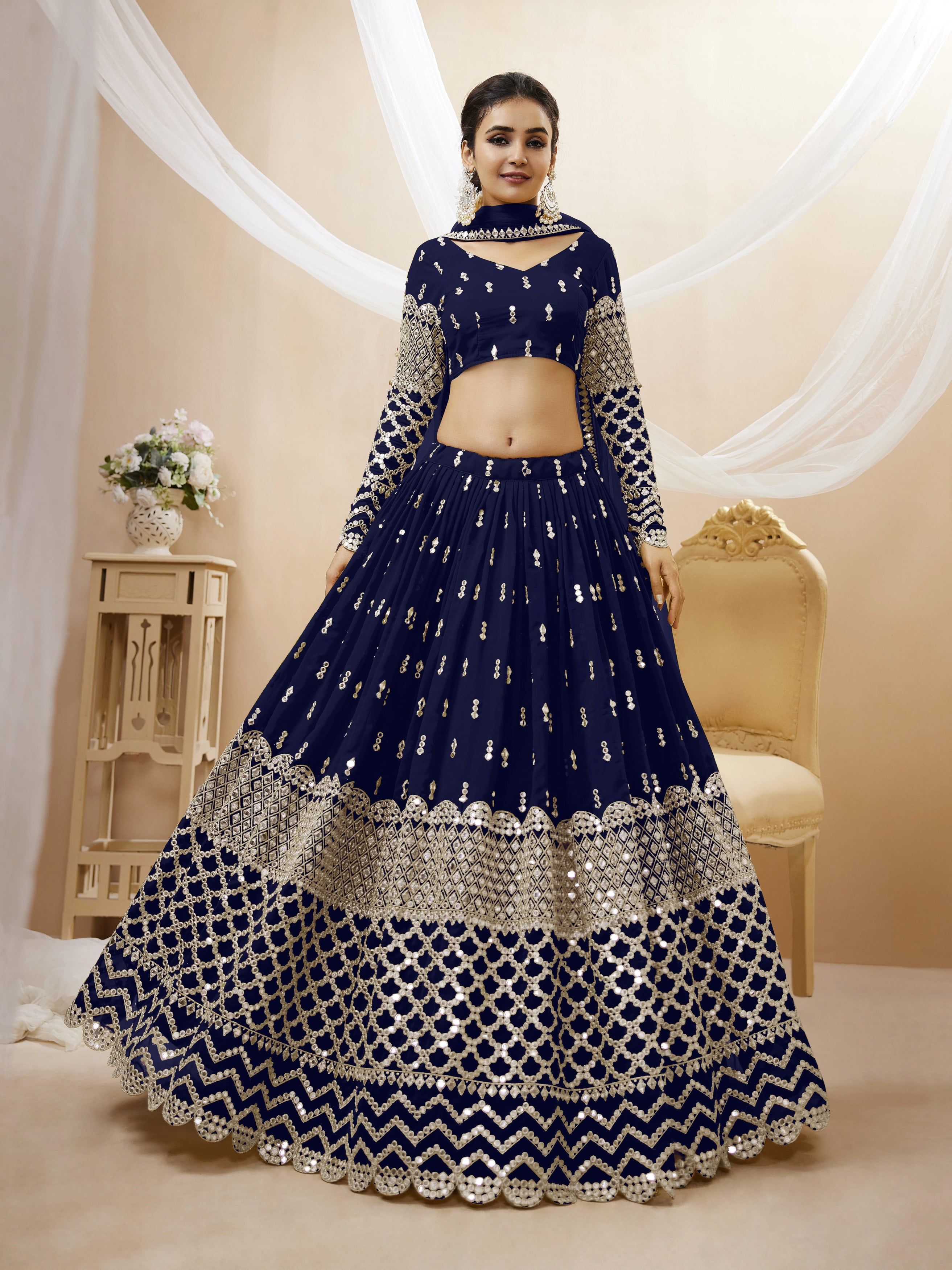 Ready To Wear | Women's Navy Blue Georgette Sequins Zari Embroidered Lehenga Choli & Dupatta