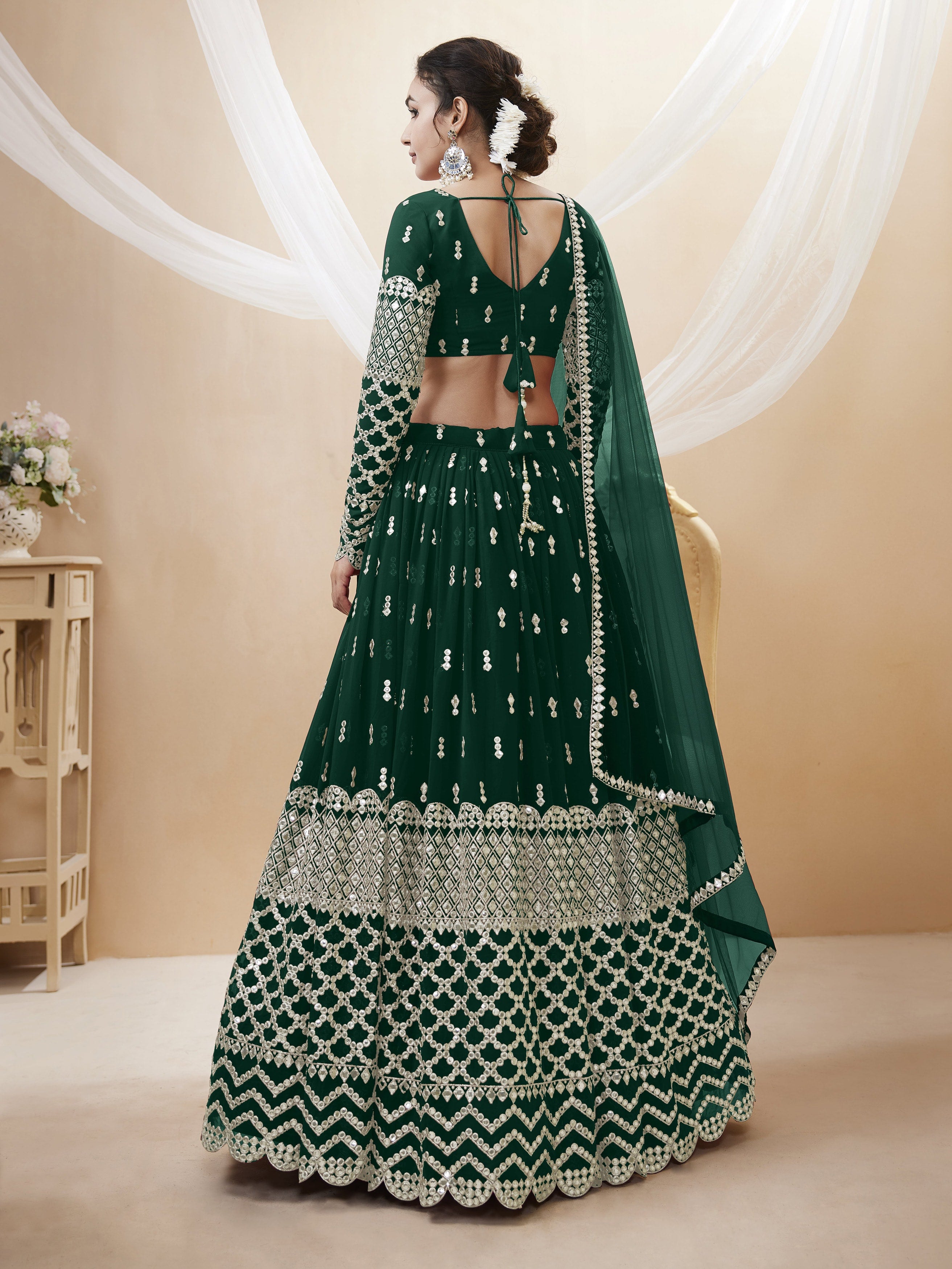 Ready To Wear | Women's Green Georgette Sequins Zari Embroidered Lehenga Choli & Dupatta