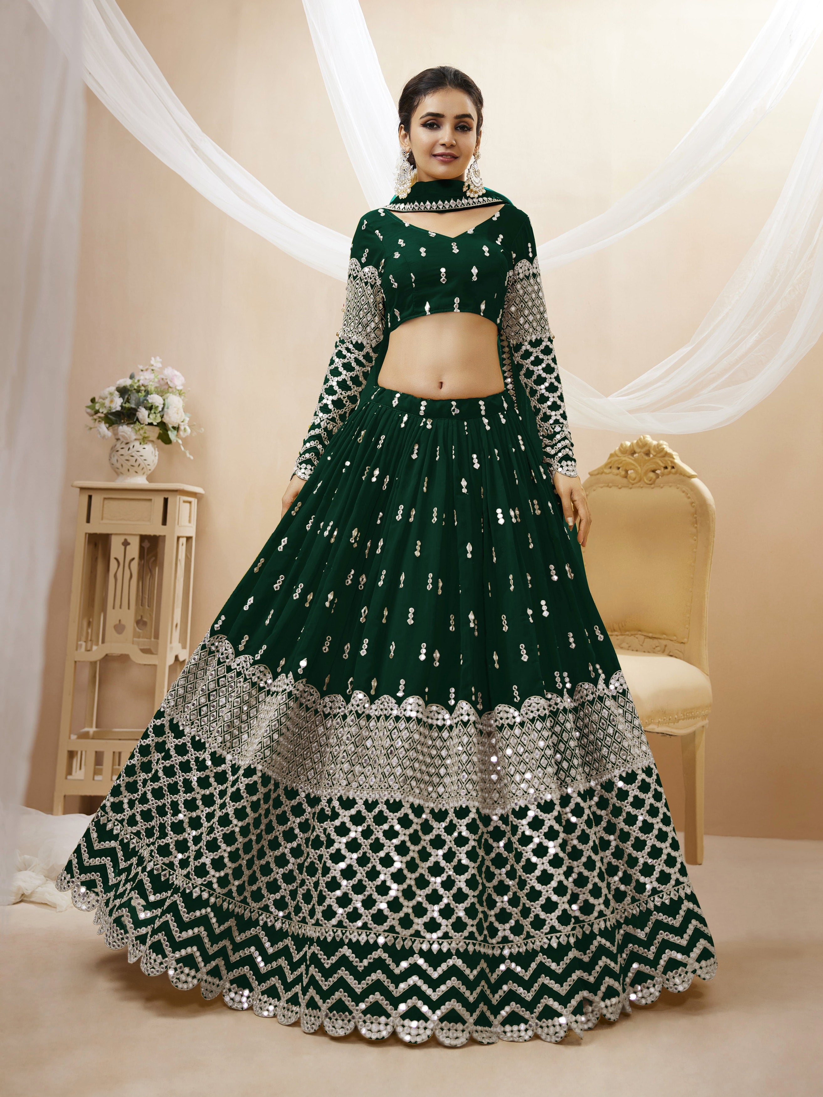 Ready To Wear | Women's Green Georgette Sequins Zari Embroidered Lehenga Choli & Dupatta