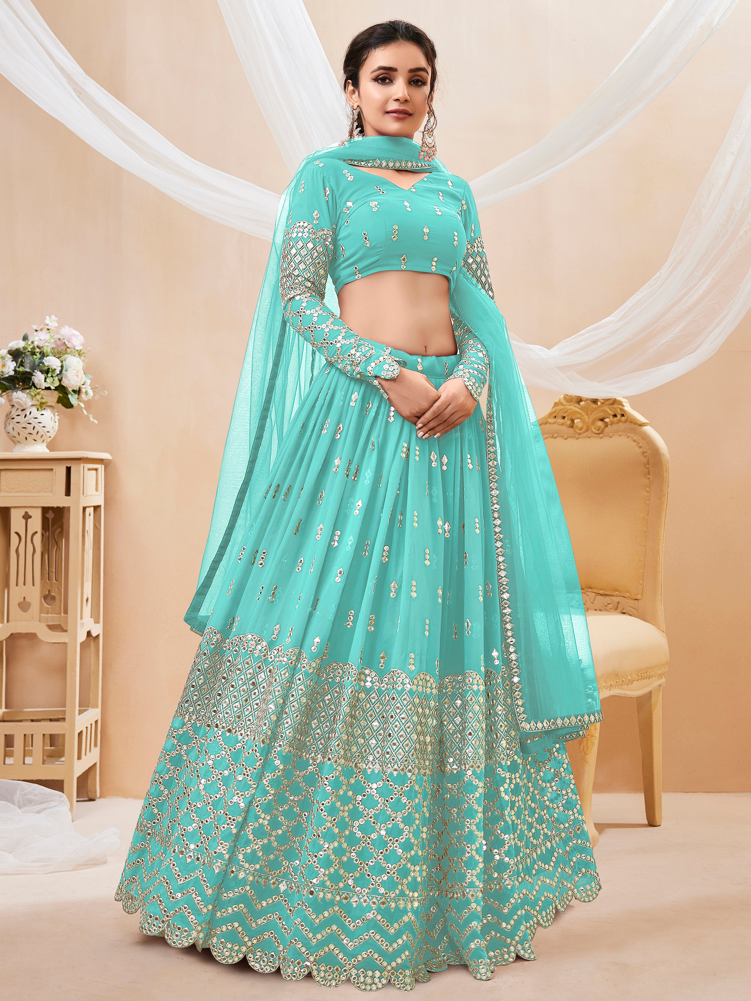 Ready To Wear | Women's Sky Blue Georgette Sequins Zari Embroidered Lehenga Choli & Dupatta