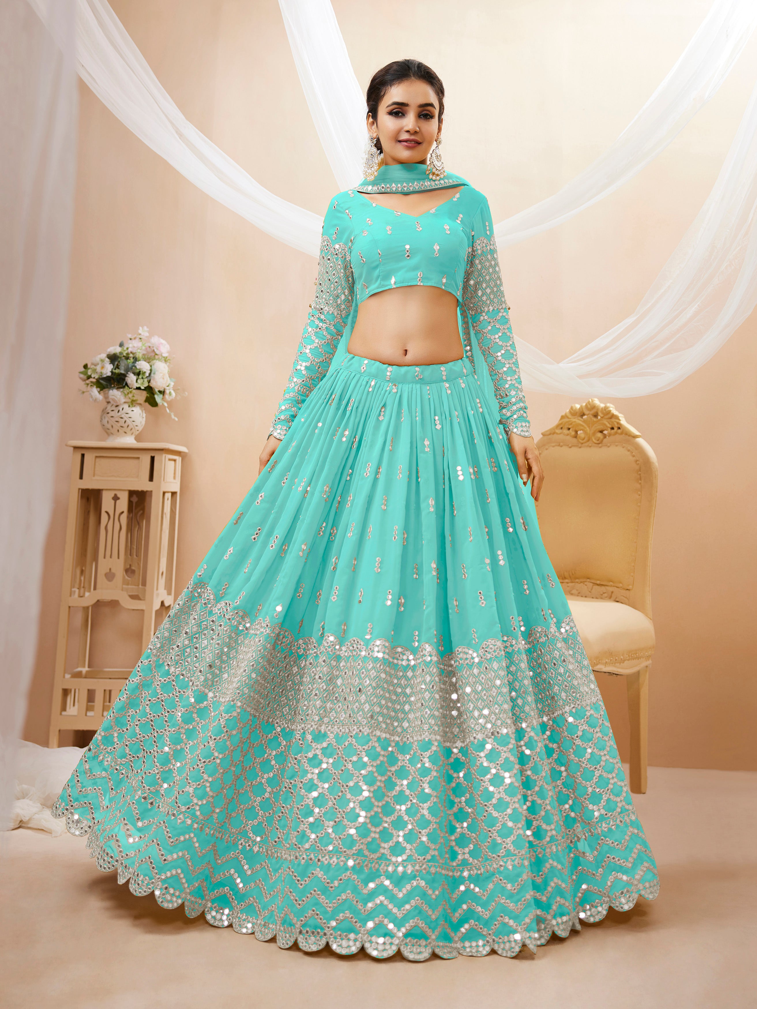 Ready To Wear | Women's Sky Blue Georgette Sequins Zari Embroidered Lehenga Choli & Dupatta