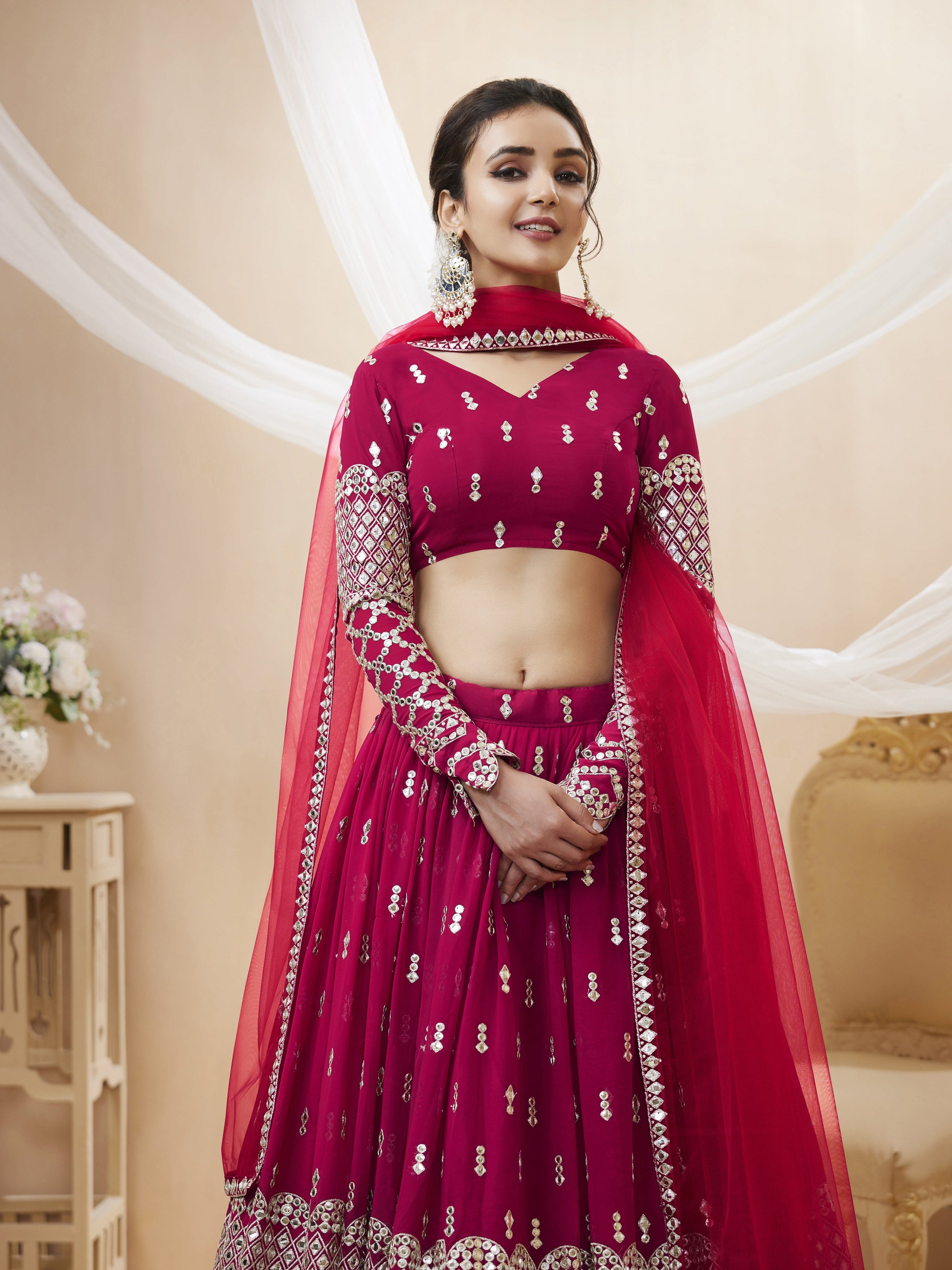 Ready To Wear | Women's Hot Pink Georgette Sequins Zari Embroidered Lehenga Choli & Dupatta