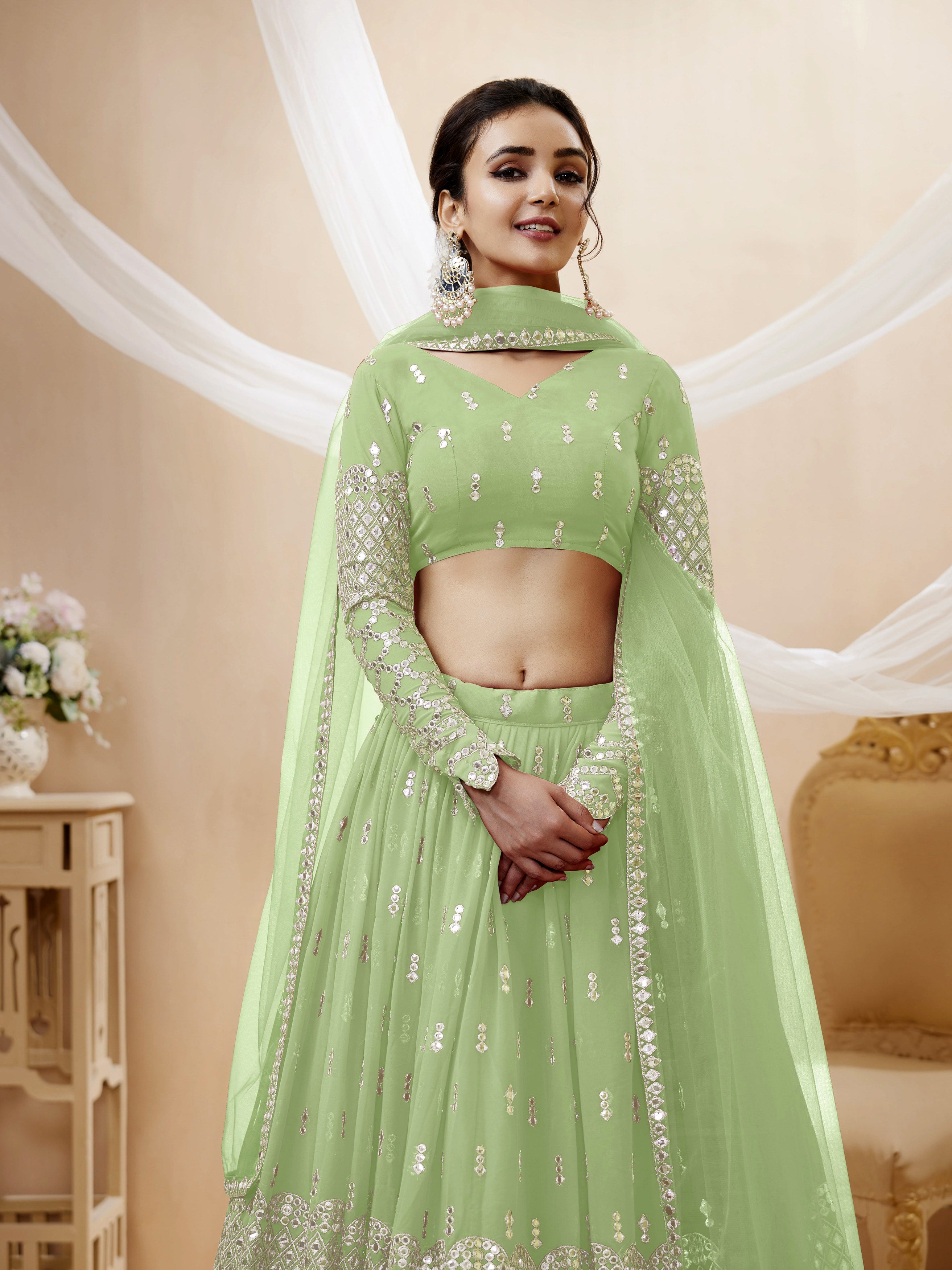 Ready To Wear | Women's Pista Georgette Sequins Zari Embroidered Lehenga Choli & Dupatta