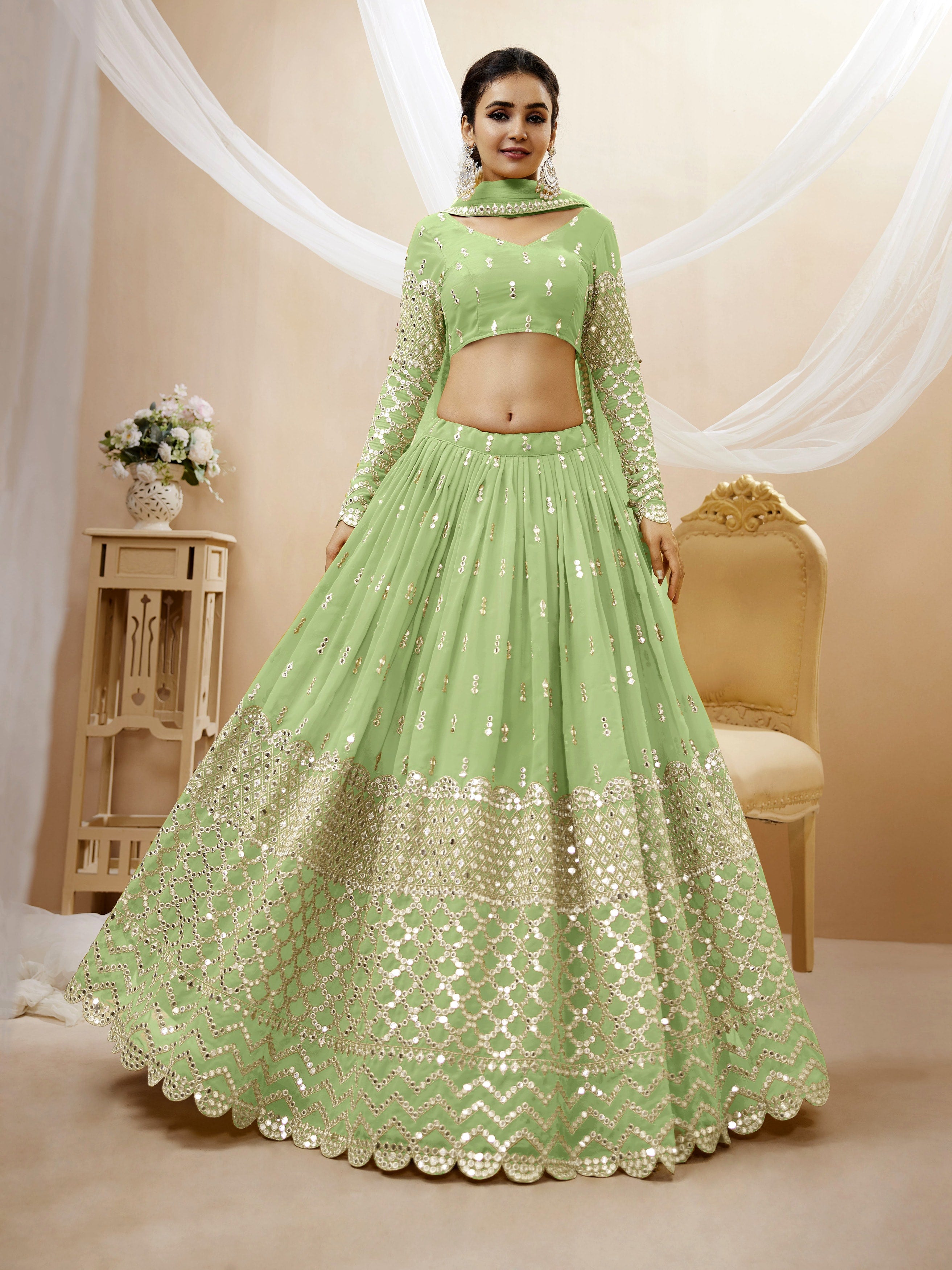 Ready To Wear | Women's Pista Georgette Sequins Zari Embroidered Lehenga Choli & Dupatta