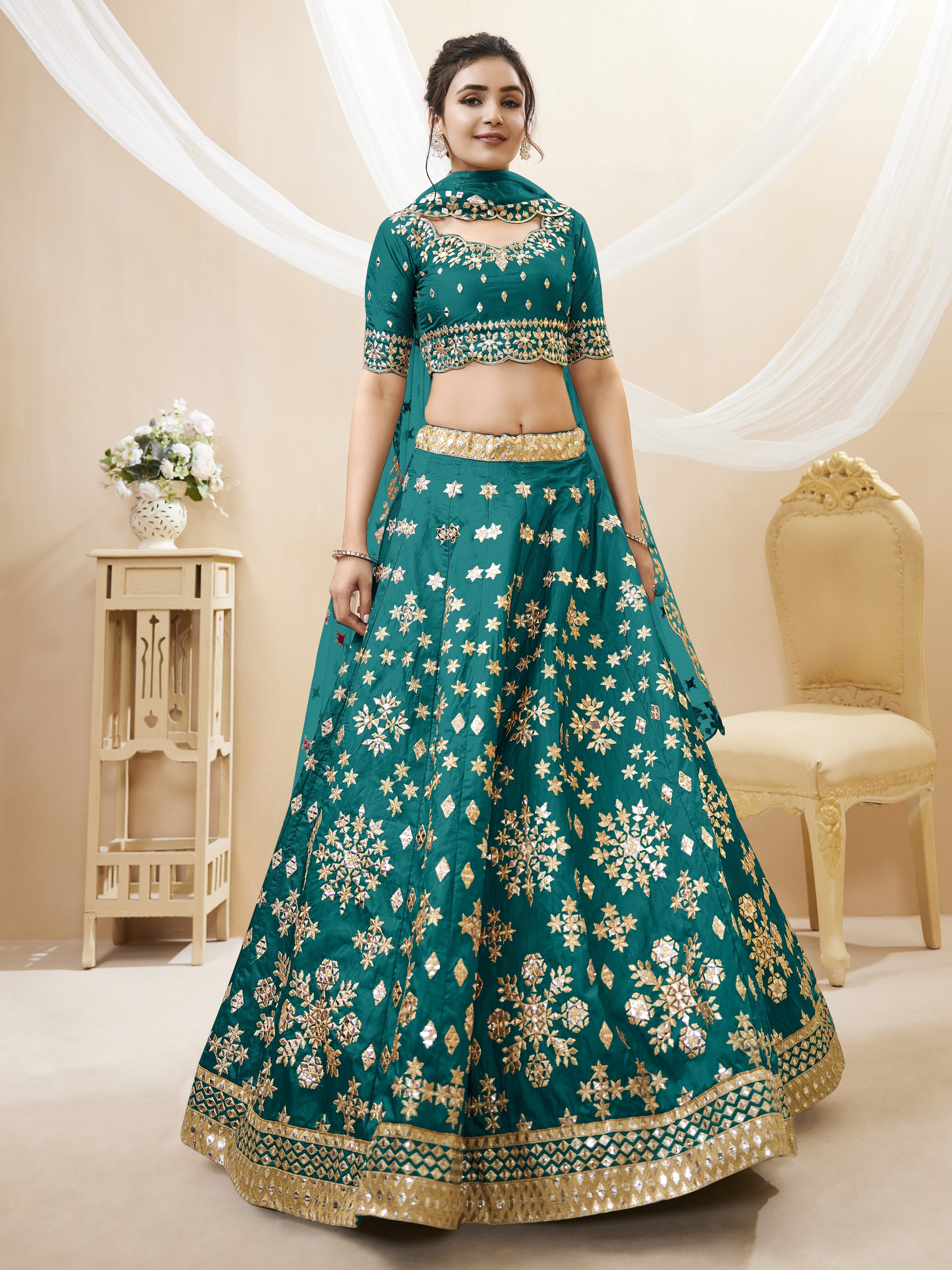 Ready To Wear | Women's Green Art Silk Sequins with Foil & Zari Embroidered Lehenga Choli & Dupatta