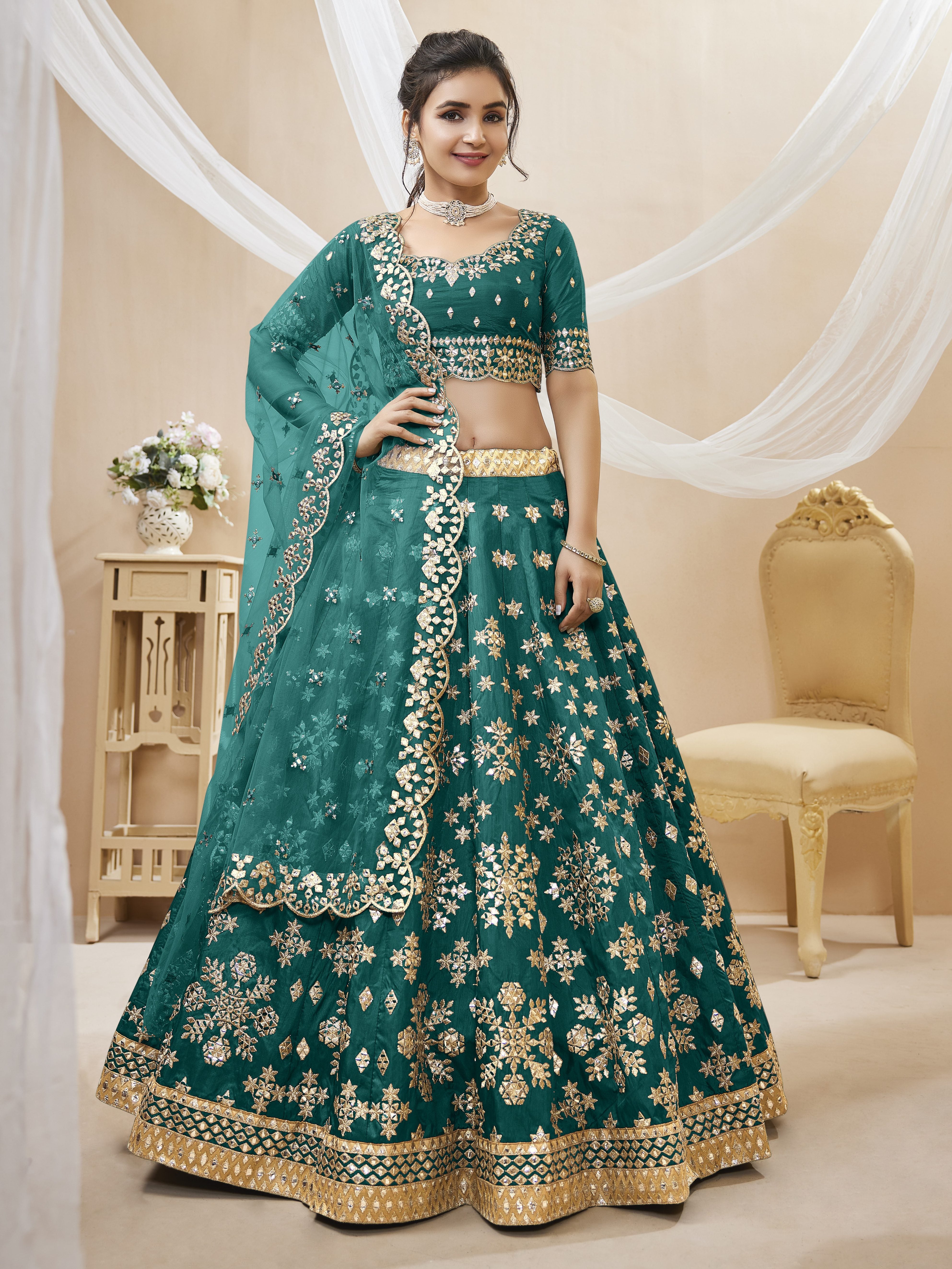 Ready To Wear | Women's Green Art Silk Sequins with Foil & Zari Embroidered Lehenga Choli & Dupatta