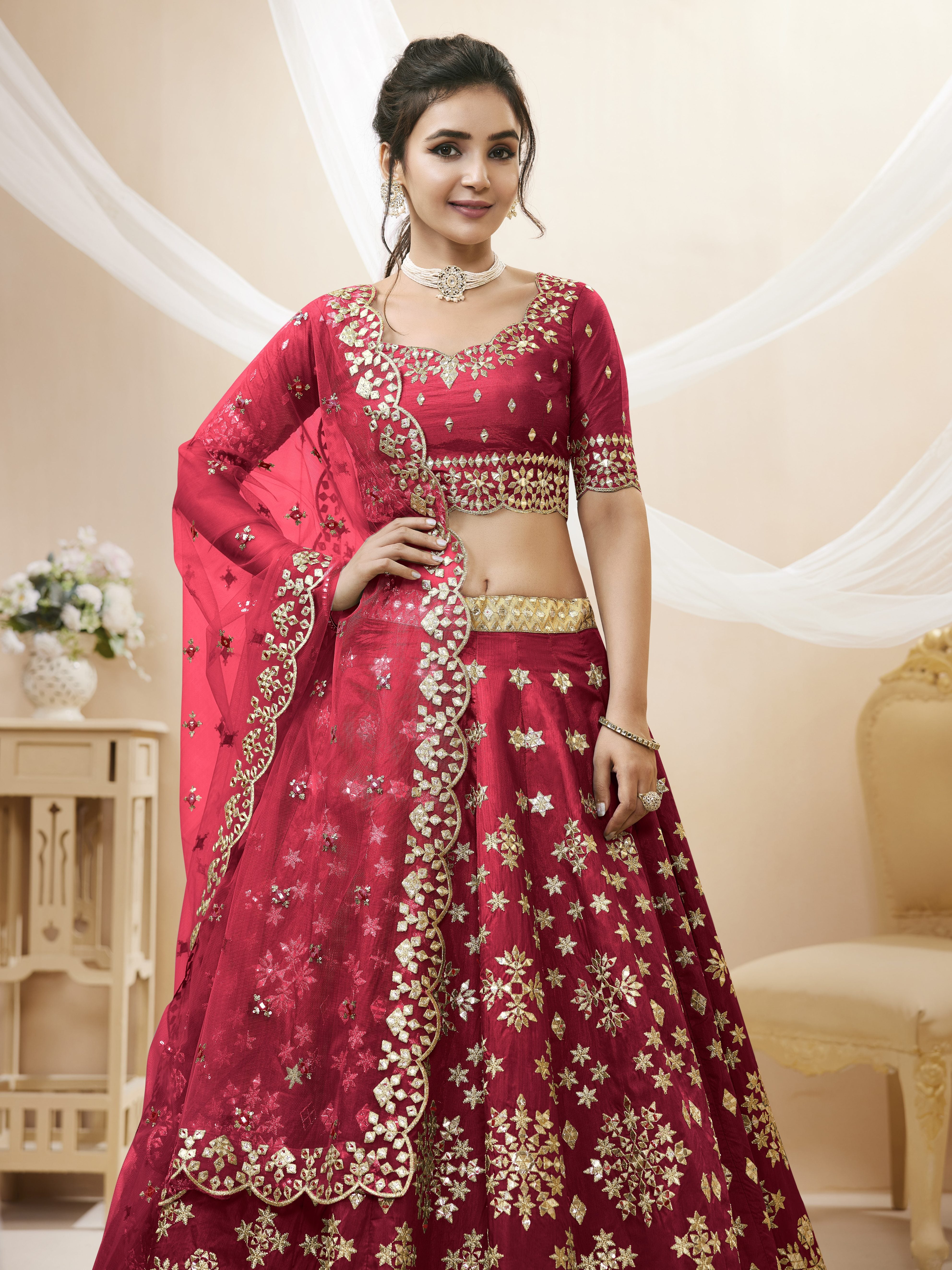 Ready To Wear | Women's Red Art Silk Sequins with Foil & Zari Embroidered Lehenga Choli & Dupatta